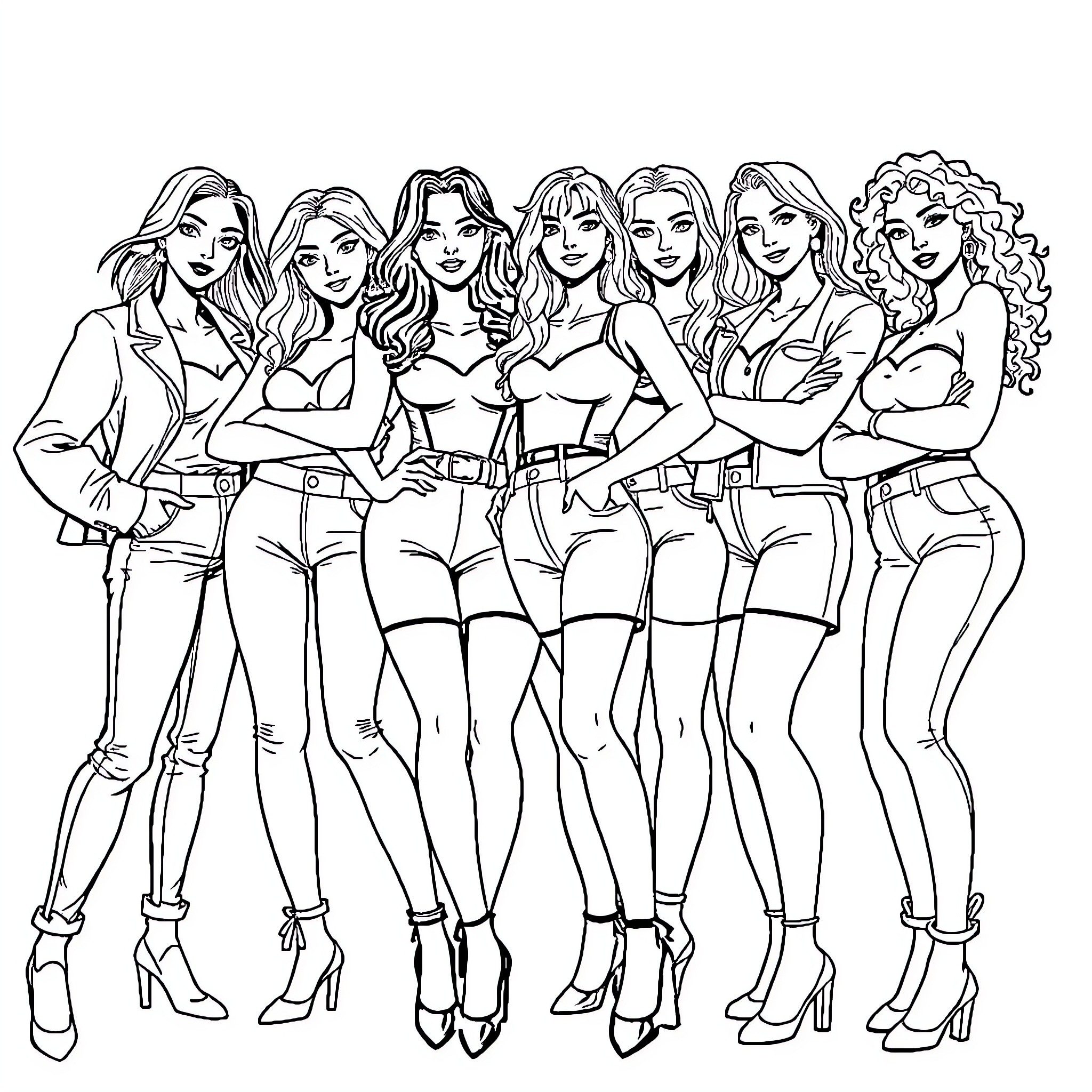 Women posing confidently in stylish outfits Coloring Page (free black-and-white line drawing printable PDF for all, from beginners to advanced learners, including children, teens, adults, and seniors)