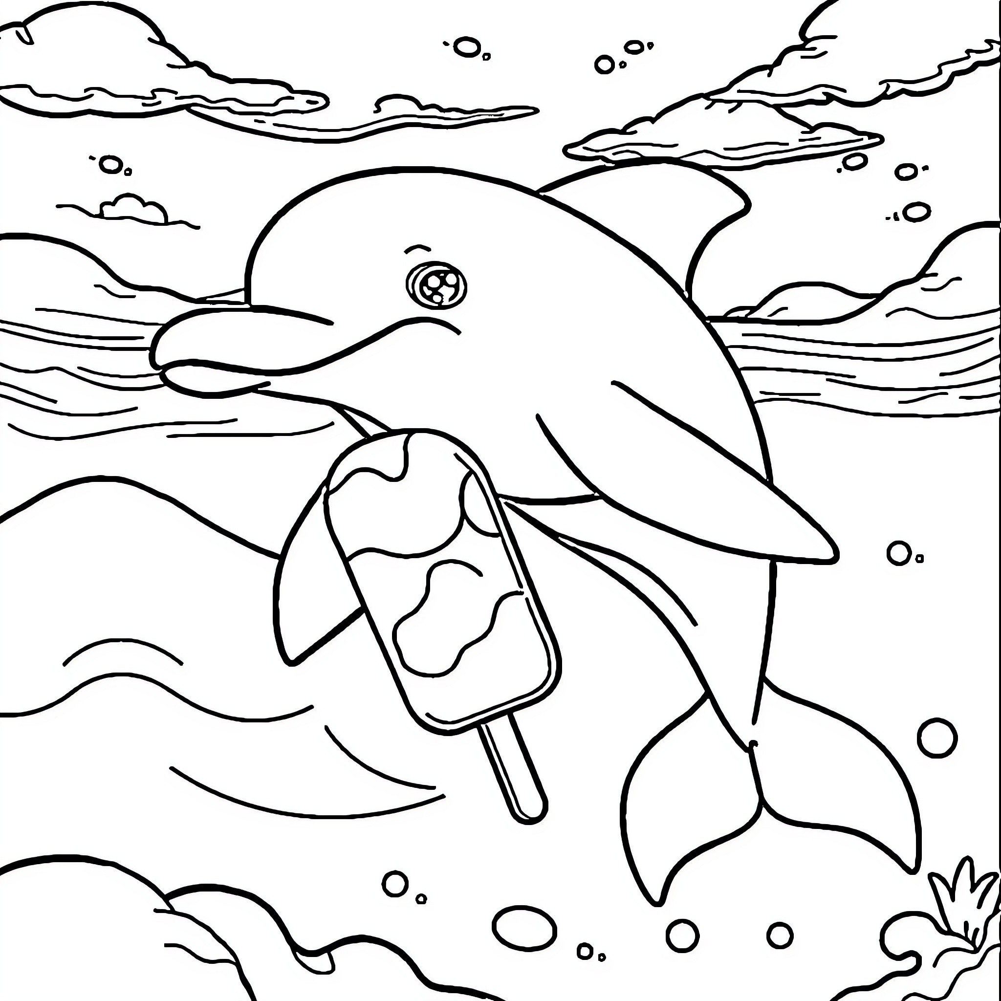 Dolphin enjoying popsicle in the ocean Coloring Page (free black-and-white line drawing printable PDF for all, from beginners to advanced learners, including children, teens, adults, and seniors)