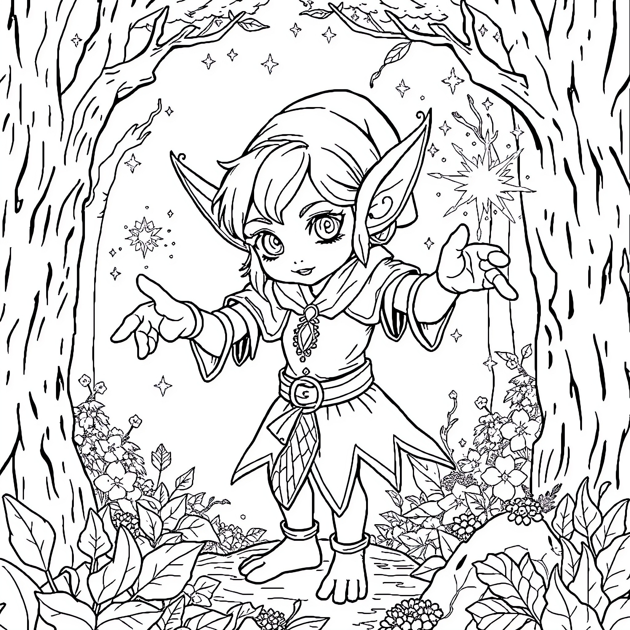 Elf Exploring the Enchanted Forest Coloring Page (free black-and-white line drawing printable PDF for all, from beginners to advanced learners, including children, teens, adults, and seniors)