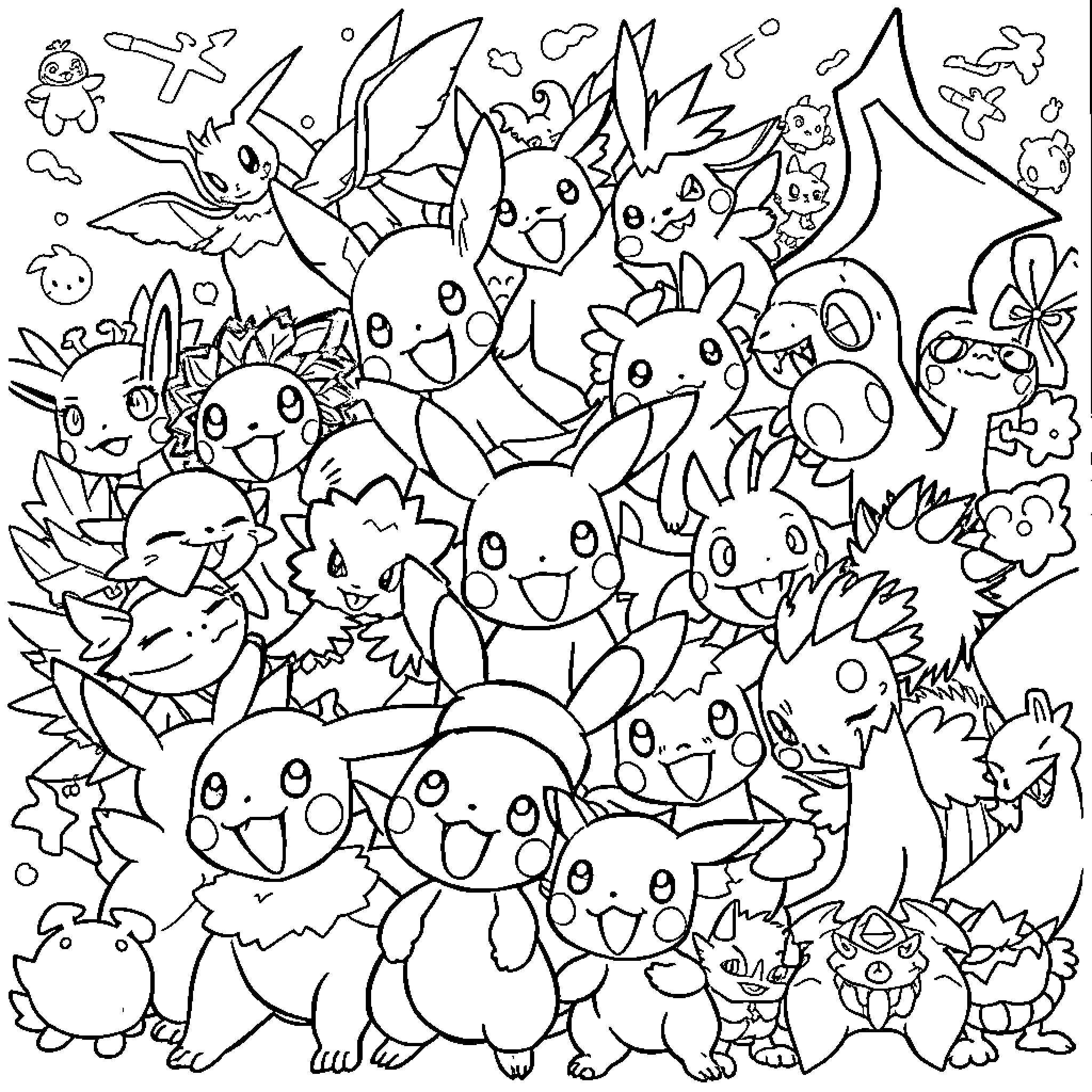 Pokémon Crowd of Playful Characters Coloring Page (free black-and-white line drawing printable PDF for all, from beginners to advanced learners, including children, teens, adults, and seniors)