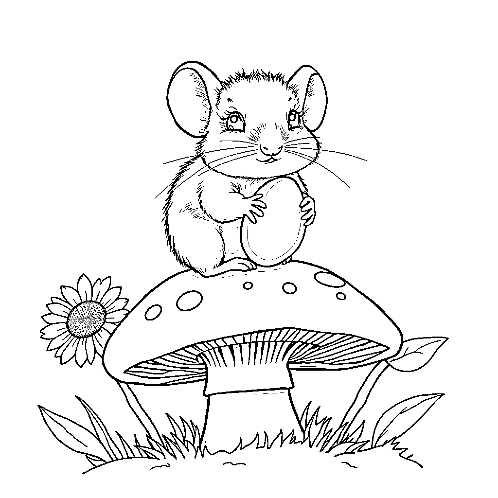 Mouse resting on mushroom with sunflower Coloring Page (free black-and-white line drawing printable PDF for all, from beginners to advanced learners, including children, teens, adults, and seniors)