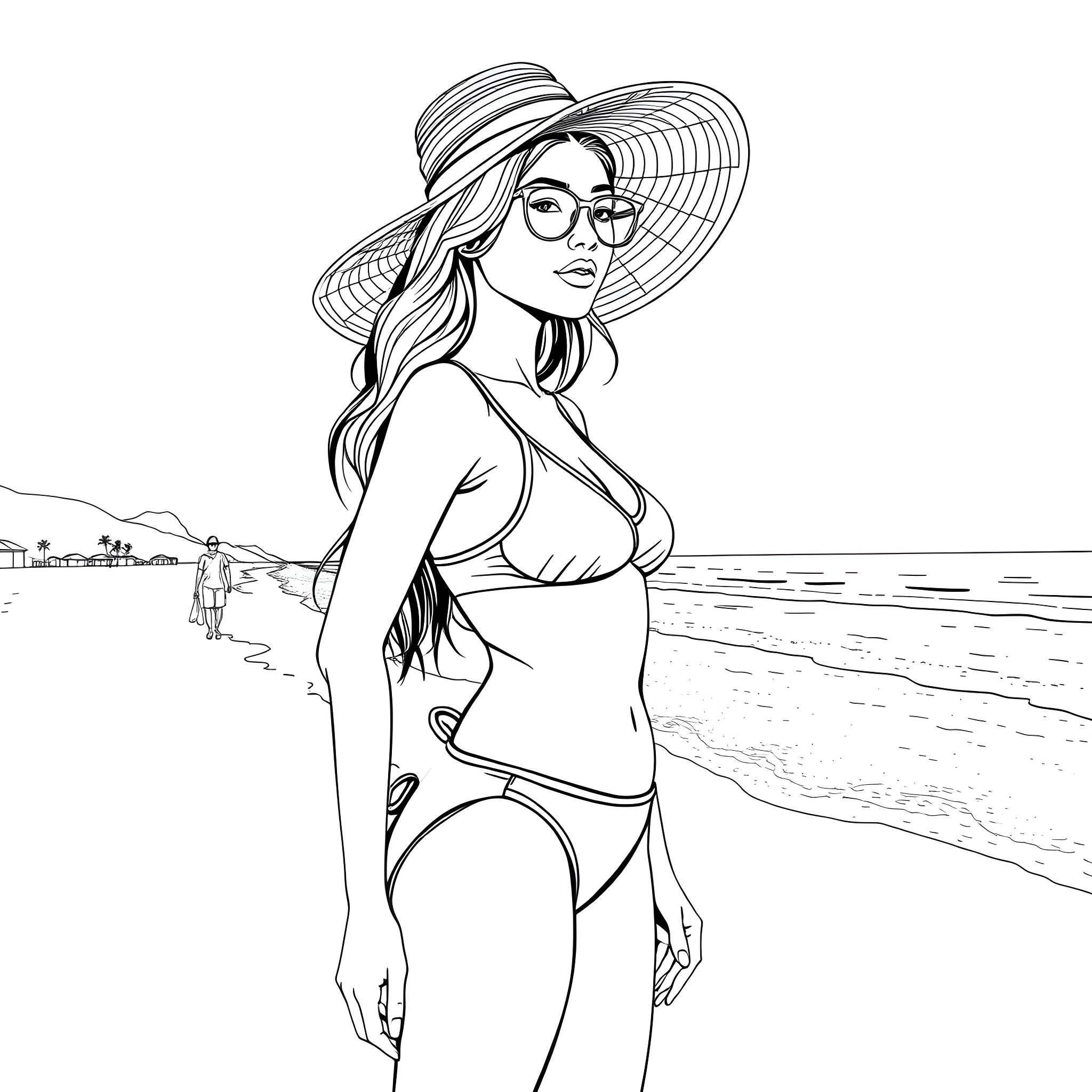 Girl enjoys summer beach day with hat and swimsuit Coloring Page (free black-and-white line drawing printable PDF for all, from beginners to advanced learners, including children, teens, adults, and seniors)