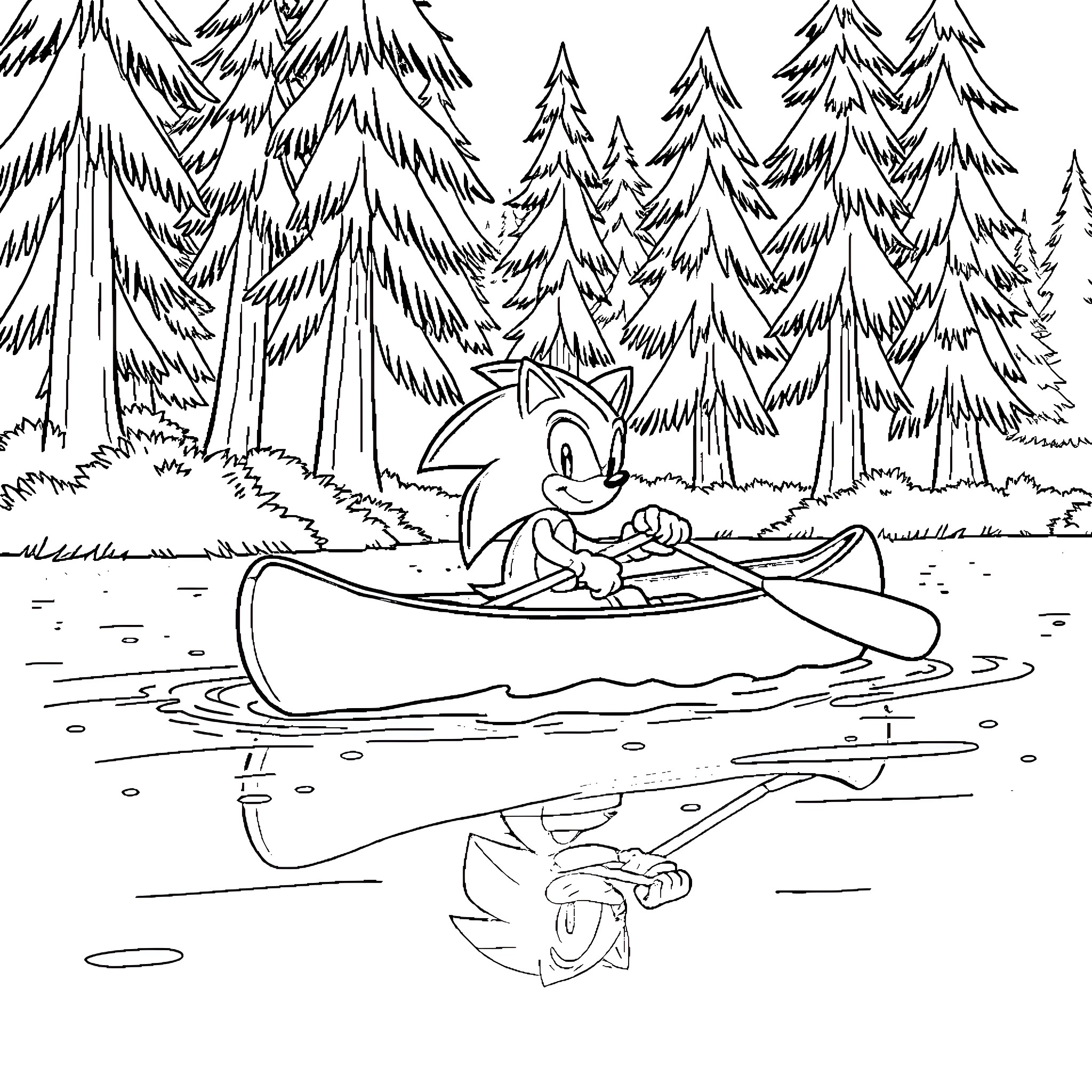 Sonic's Peaceful Canoe Adventure in the Forest Coloring Page (free black-and-white line drawing printable PDF for all, from beginners to advanced learners, including children, teens, adults, and seniors)