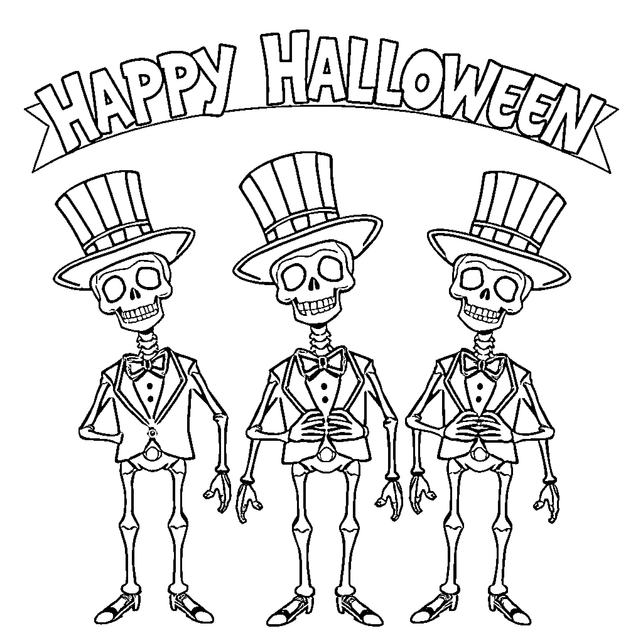 Skeleton Gentlemen Celebrating Happy Halloween Coloring Page (free black-and-white line drawing printable PDF for all, from beginners to advanced learners, including children, teens, adults, and seniors)