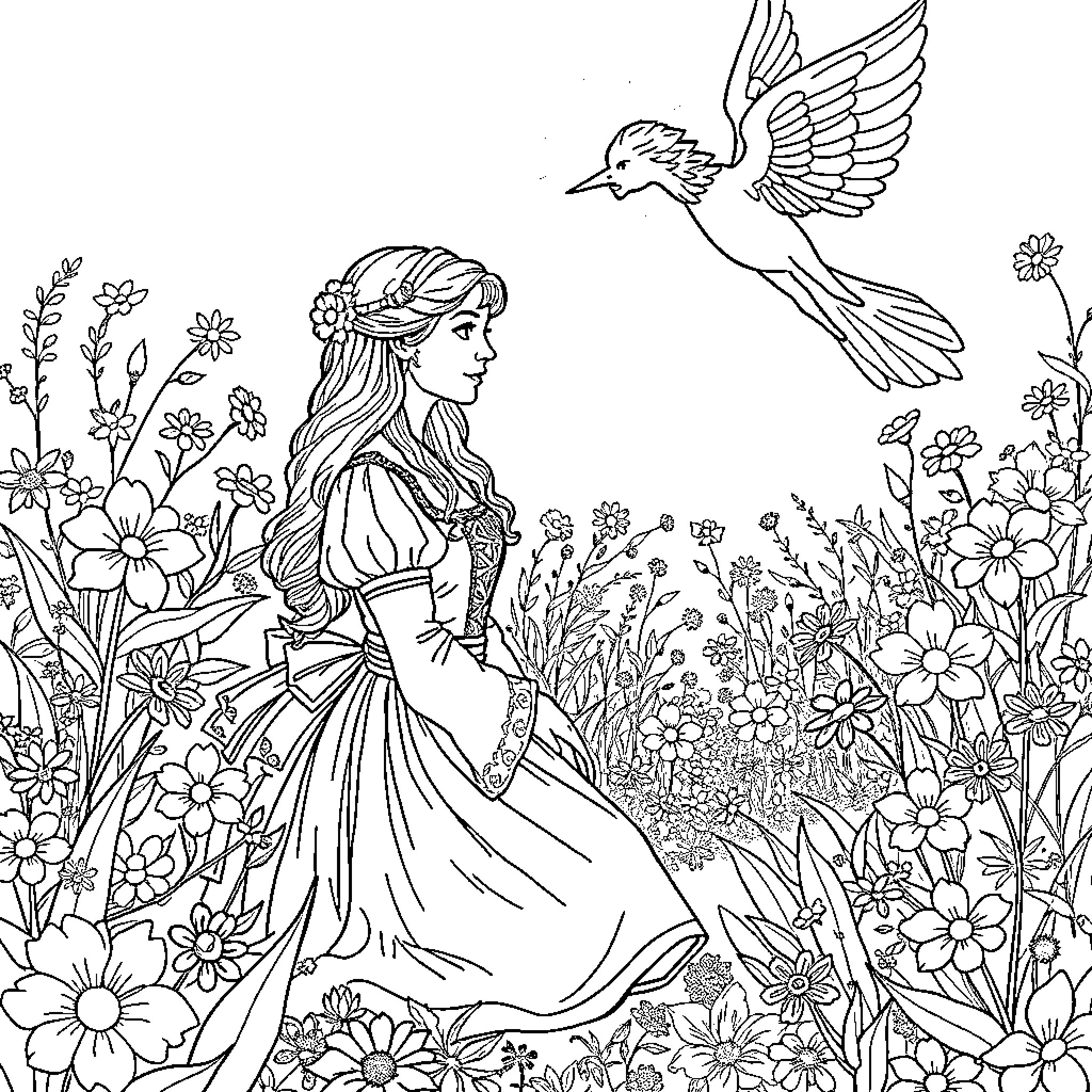 Woman in a Whimsical Floral Garden with Bird Coloring Page (free black-and-white line drawing printable PDF for all, from beginners to advanced learners, including children, teens, adults, and seniors)