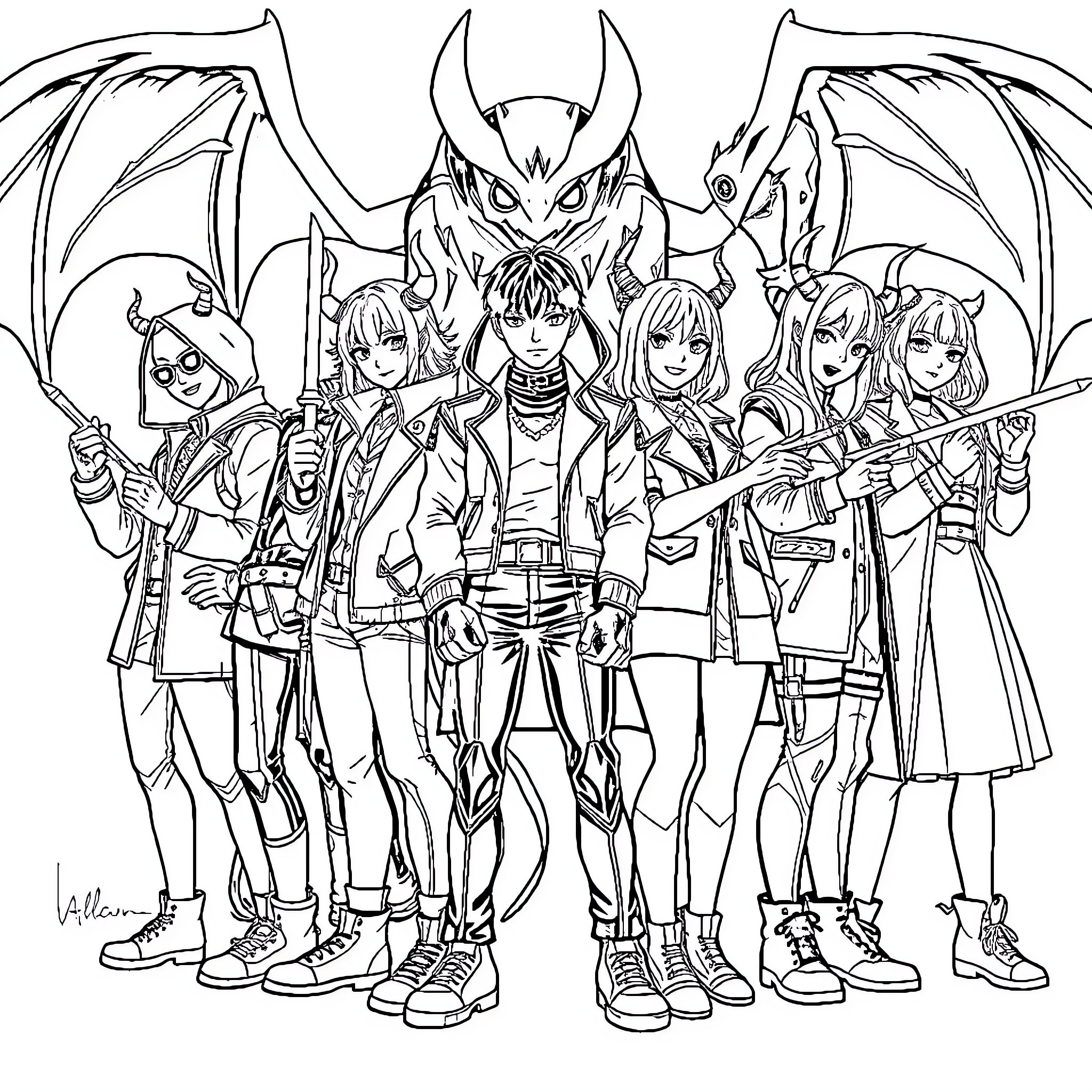 Demon Hunter Warriors in Action-Packed Attire Coloring Page (free black-and-white line drawing printable PDF for all, from beginners to advanced learners, including children, teens, adults, and seniors)