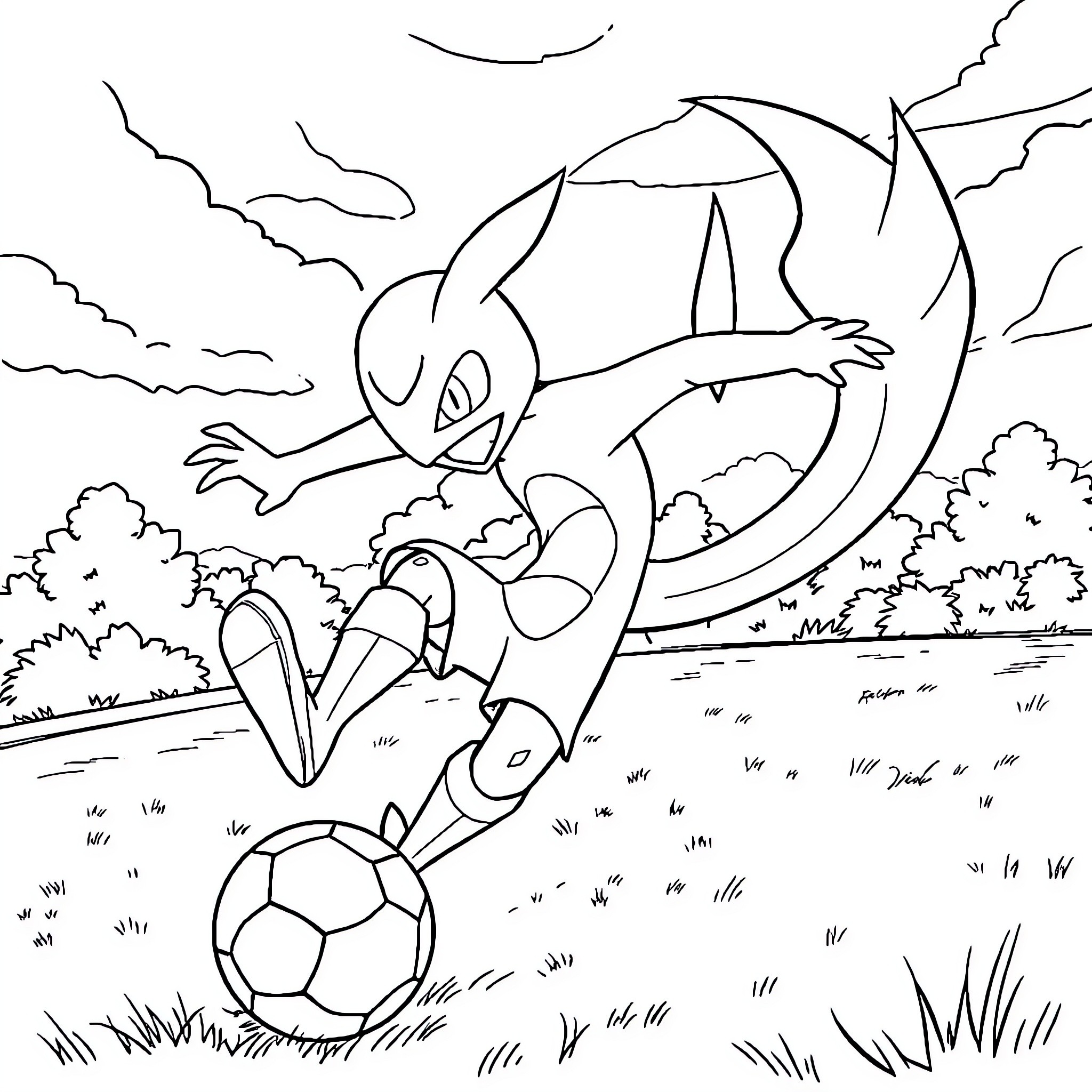 Greninja playing with a soccer ball in the park Coloring Page (free black-and-white line drawing printable PDF for all, from beginners to advanced learners, including children, teens, adults, and seniors)