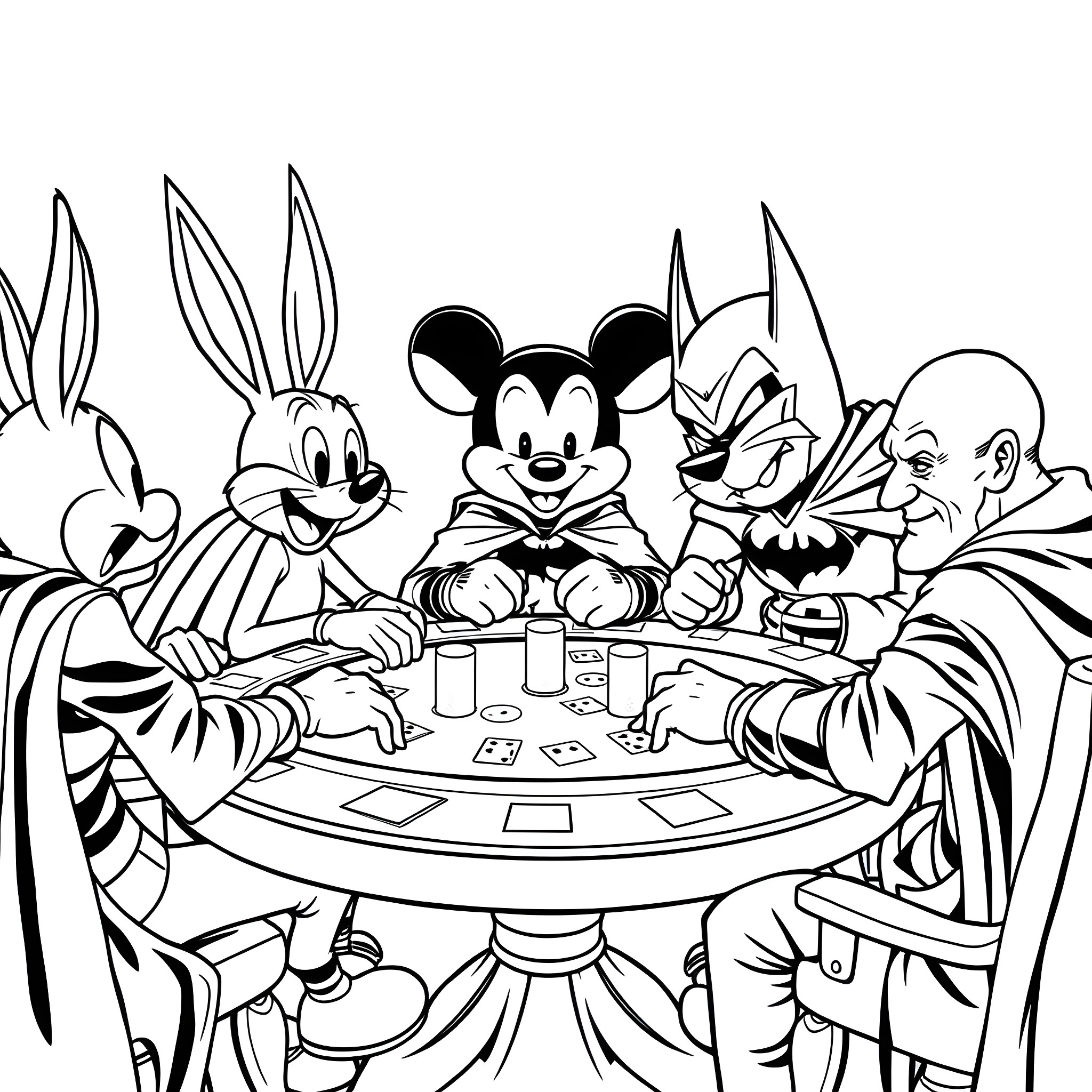 Character cartoon characters playing cards at table Coloring Page (free black-and-white line drawing printable PDF for all, from beginners to advanced learners, including children, teens, adults, and seniors)