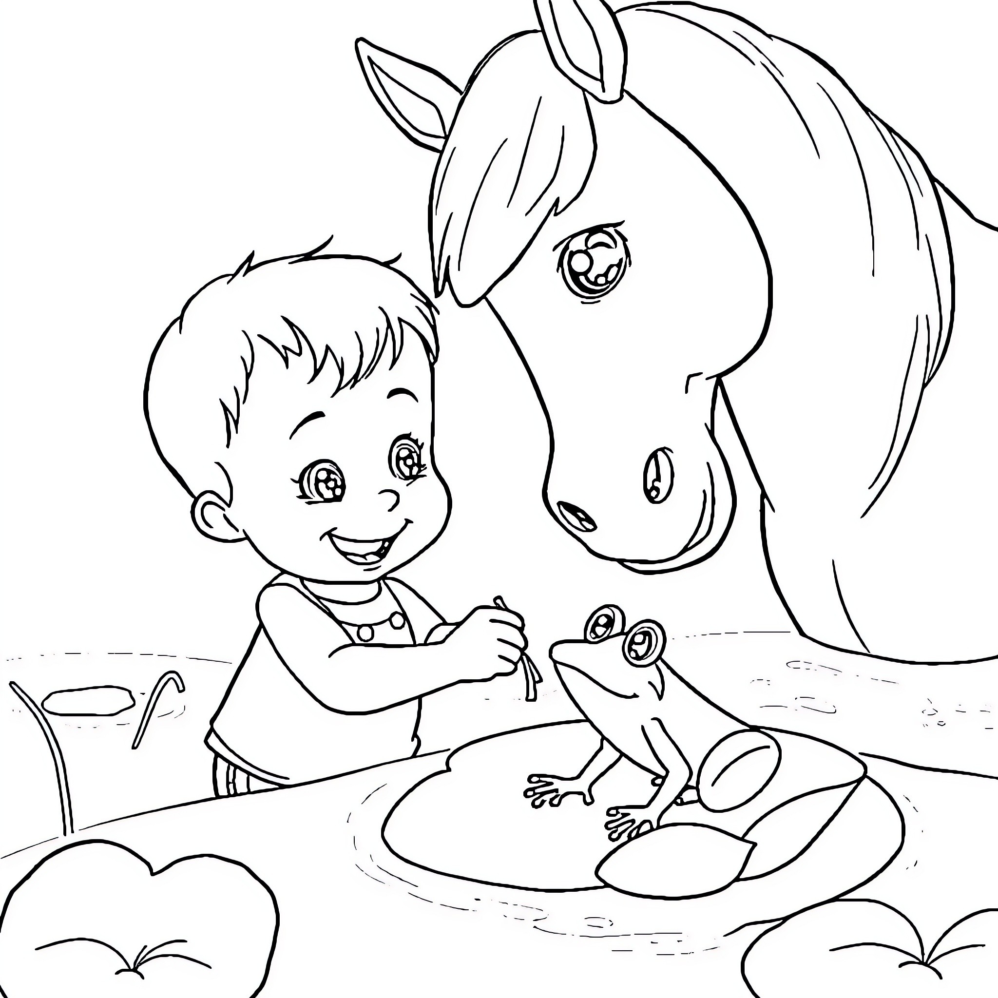 Boy playing with a frog and a horse Coloring Page (free black-and-white line drawing printable PDF for all, from beginners to advanced learners, including children, teens, adults, and seniors)