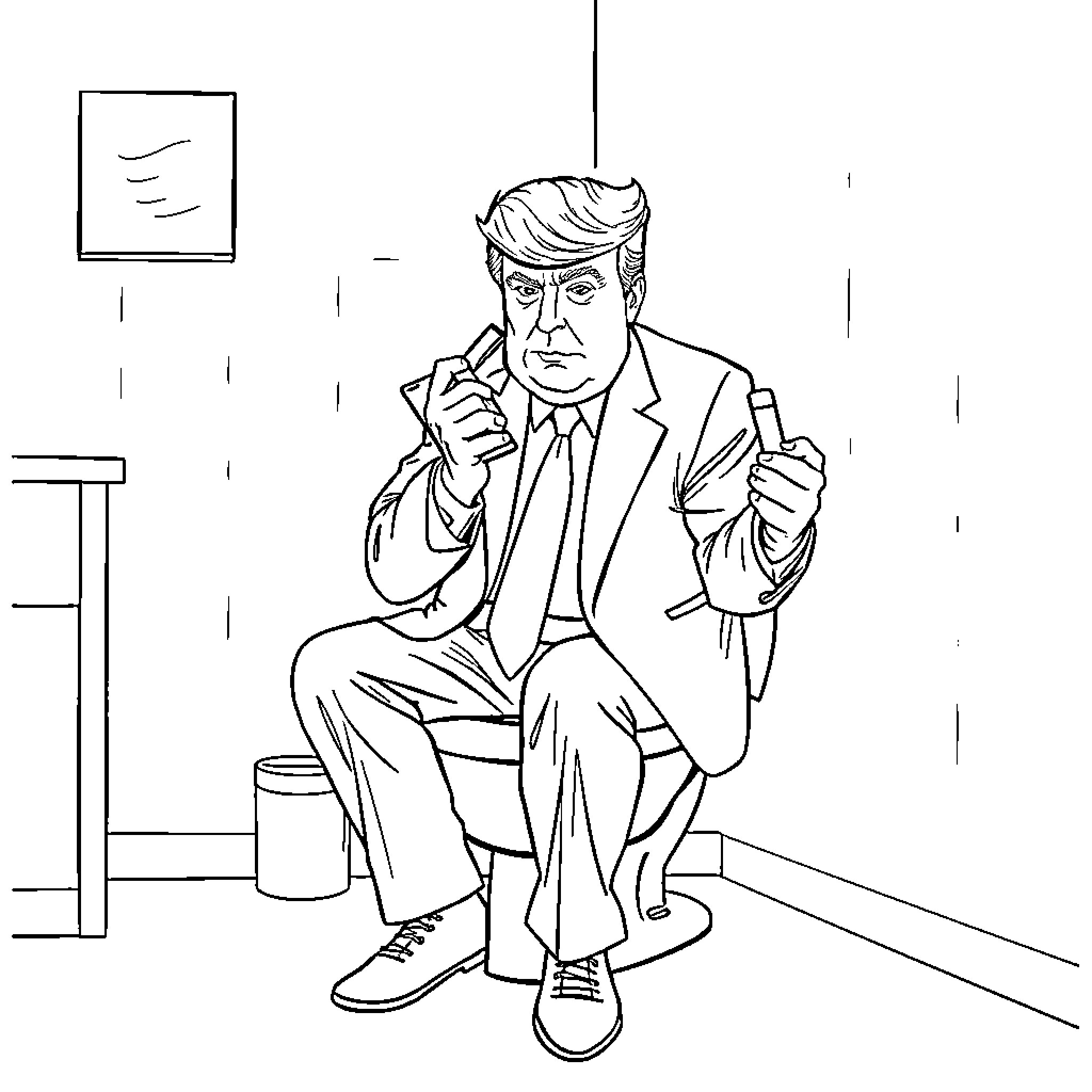 Trump delivering an animated speech in the office Coloring Page (free black-and-white line drawing printable PDF for all, from beginners to advanced learners, including children, teens, adults, and seniors)