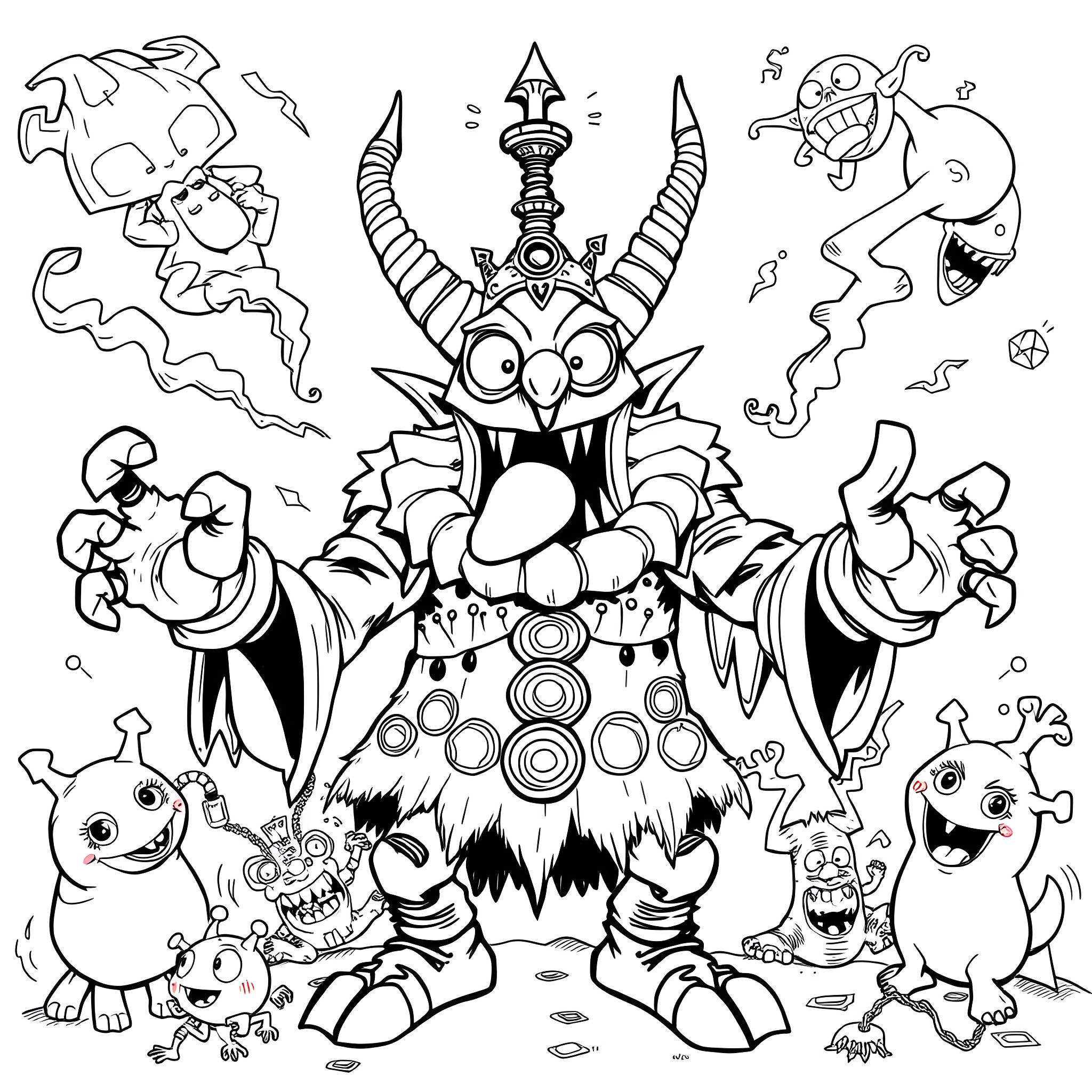 Oderus Urungus leading a group of zany monsters Coloring Page (free black-and-white line drawing printable PDF for all, from beginners to advanced learners, including children, teens, adults, and seniors)