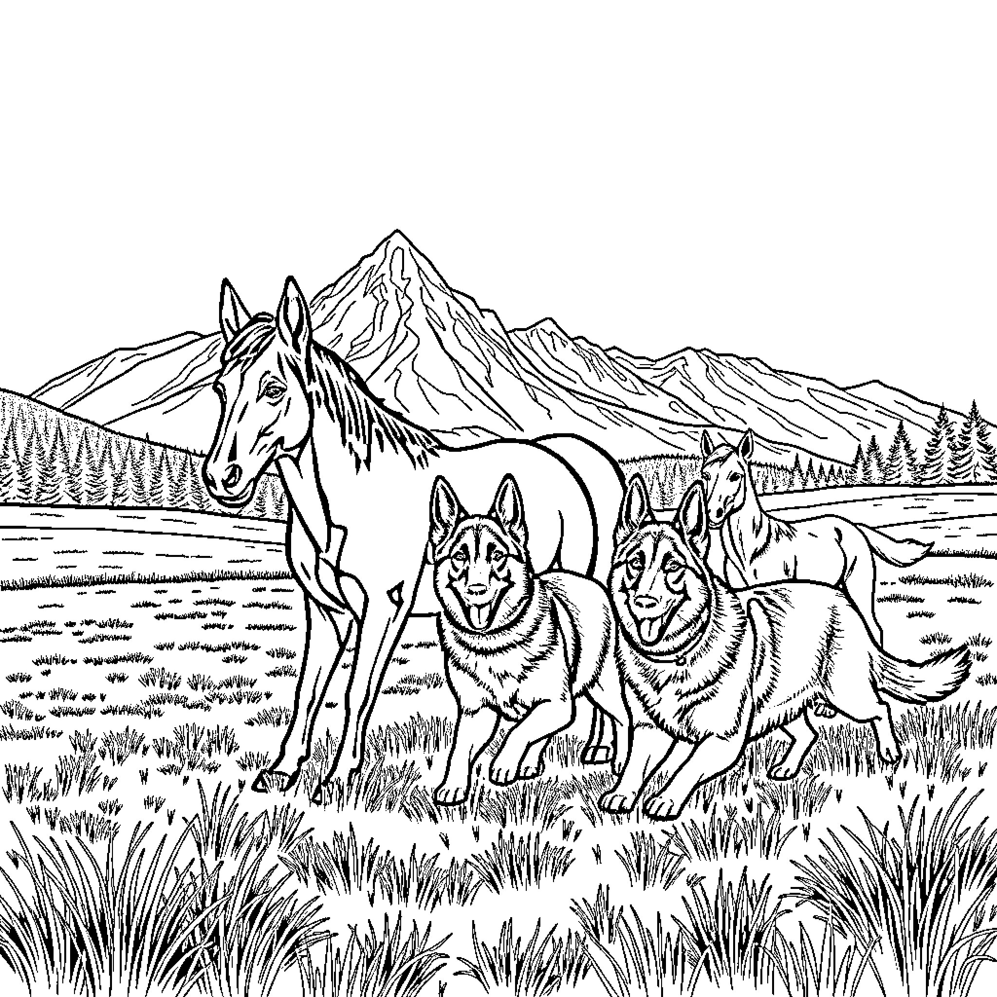 German Shepherd Pack Exploring Mountainous Terrain Coloring Page (free black-and-white line drawing printable PDF for all, from beginners to advanced learners, including children, teens, adults, and seniors)