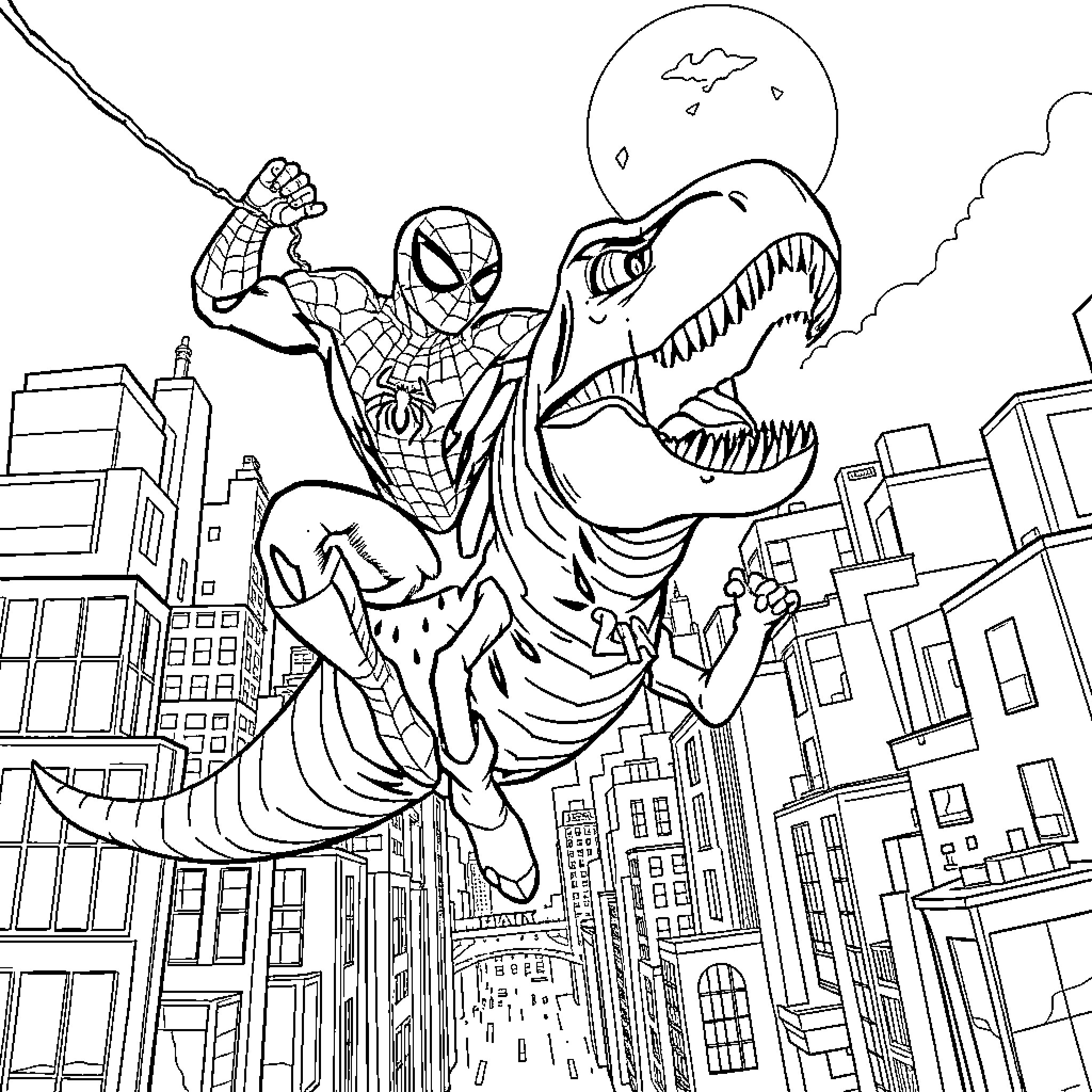 Spiderman battling a giant mutant creature in the city Coloring Page (free black-and-white line drawing printable PDF for all, from beginners to advanced learners, including children, teens, adults, and seniors)
