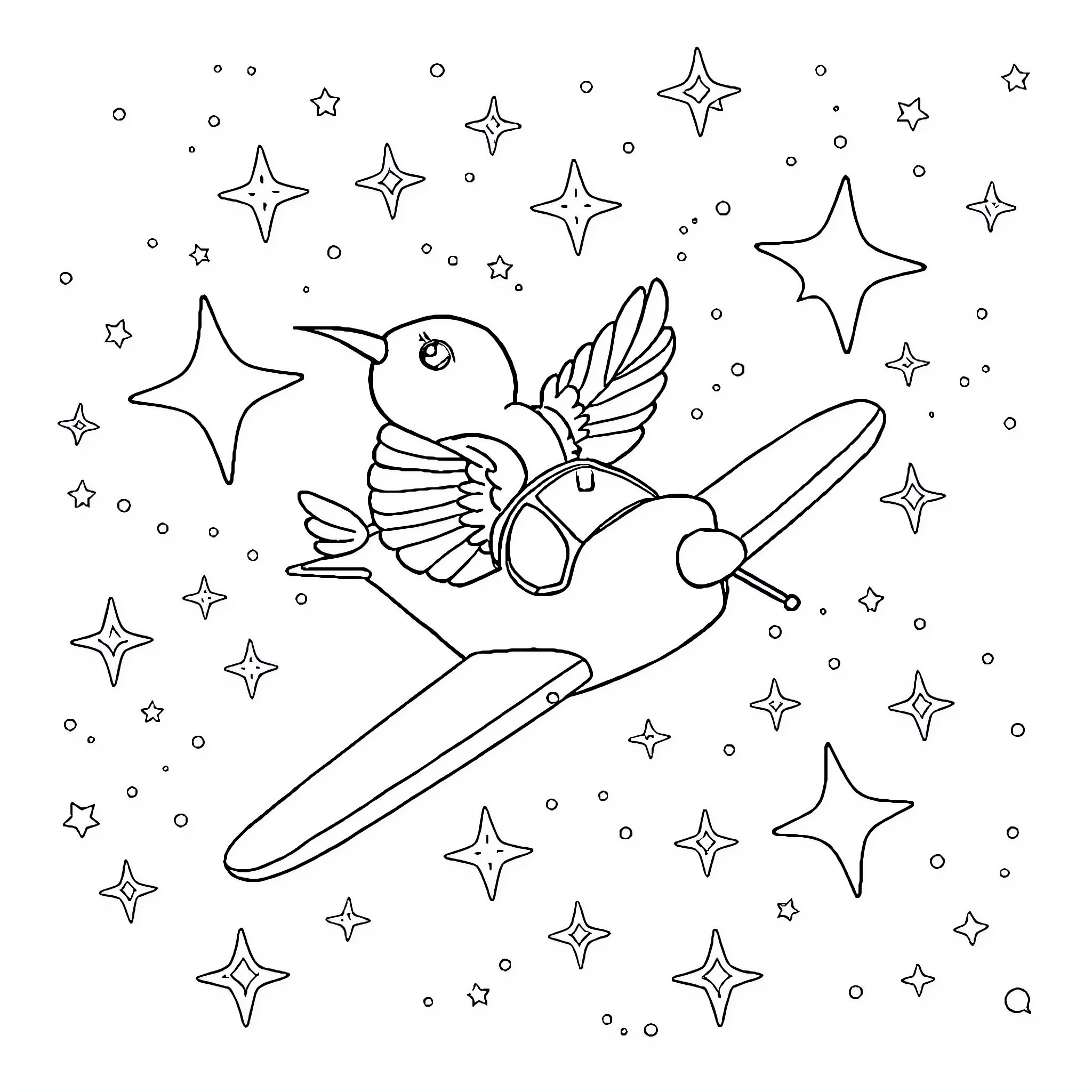 Bird flying with stars in the sky Coloring Page (free black-and-white line drawing printable PDF for all, from beginners to advanced learners, including children, teens, adults, and seniors)