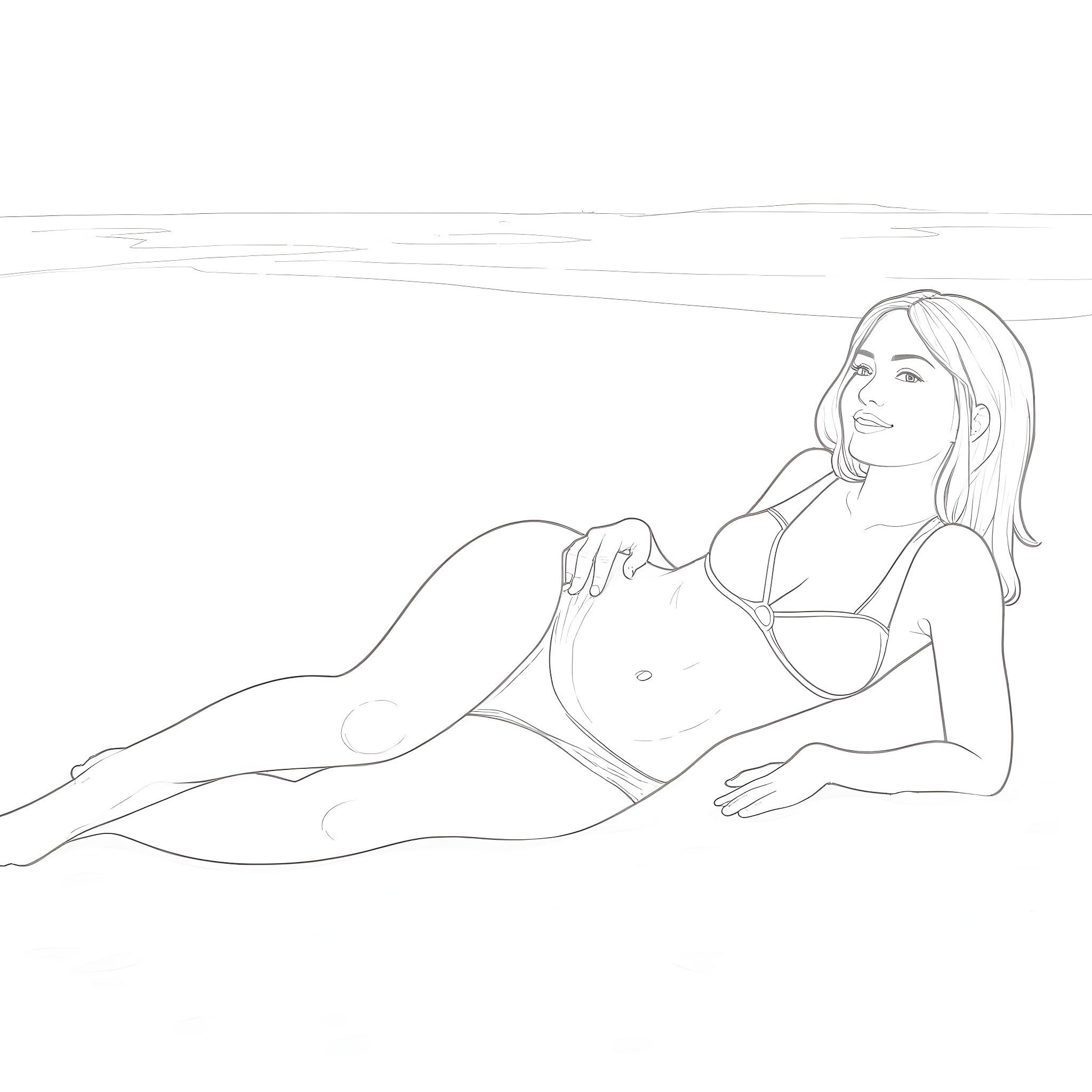 Woman reclining in a simple landscape Coloring Page (free black-and-white line drawing printable PDF for all, from beginners to advanced learners, including children, teens, adults, and seniors)
