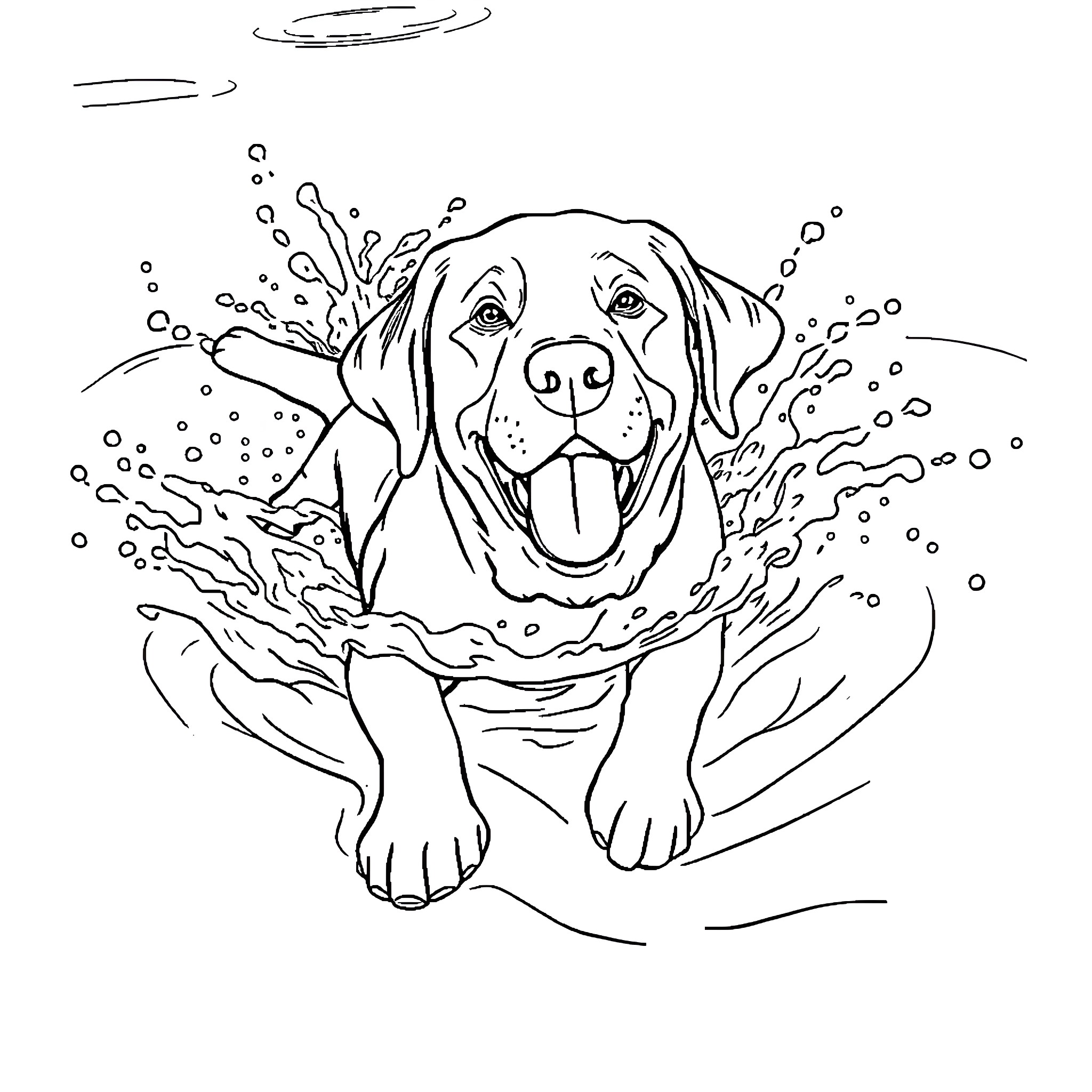 Labrador playing happily in water Coloring Page (free black-and-white line drawing printable PDF for all, from beginners to advanced learners, including children, teens, adults, and seniors)