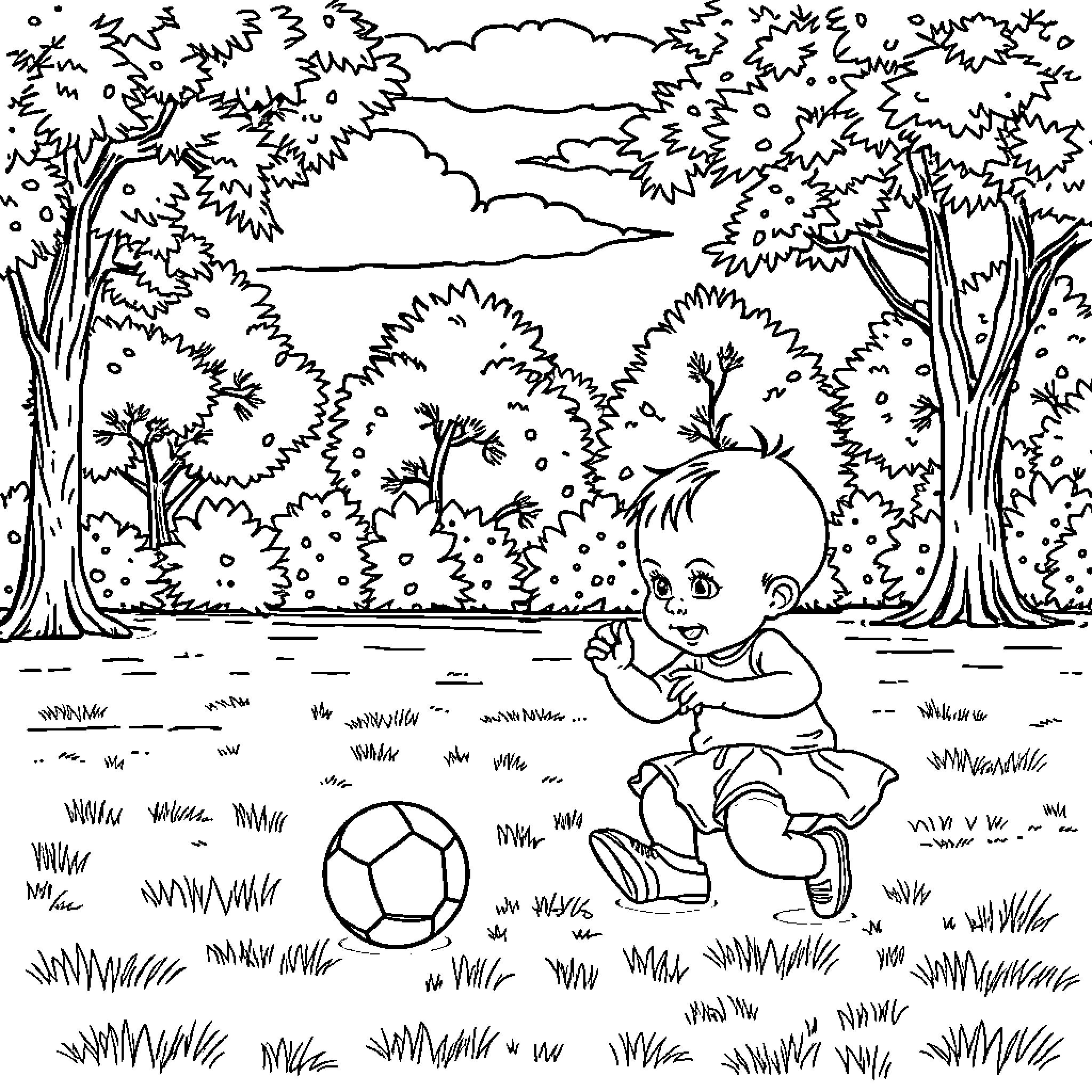 Baby playing happily with ball in the park Coloring Page (free black-and-white line drawing printable PDF for all, from beginners to advanced learners, including children, teens, adults, and seniors)