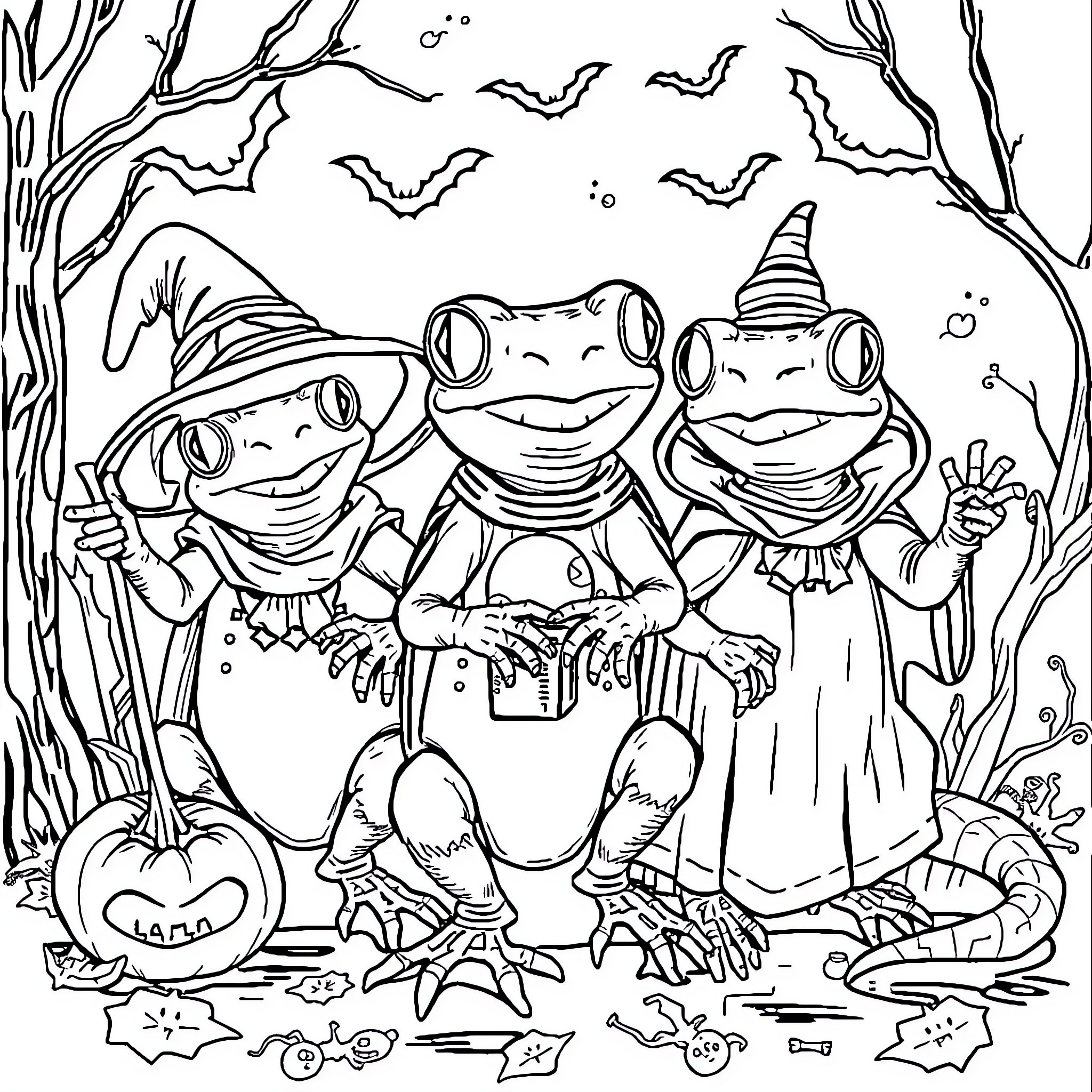 Frog trio celebrating Halloween in the forest Coloring Page (free black-and-white line drawing printable PDF for all, from beginners to advanced learners, including children, teens, adults, and seniors)