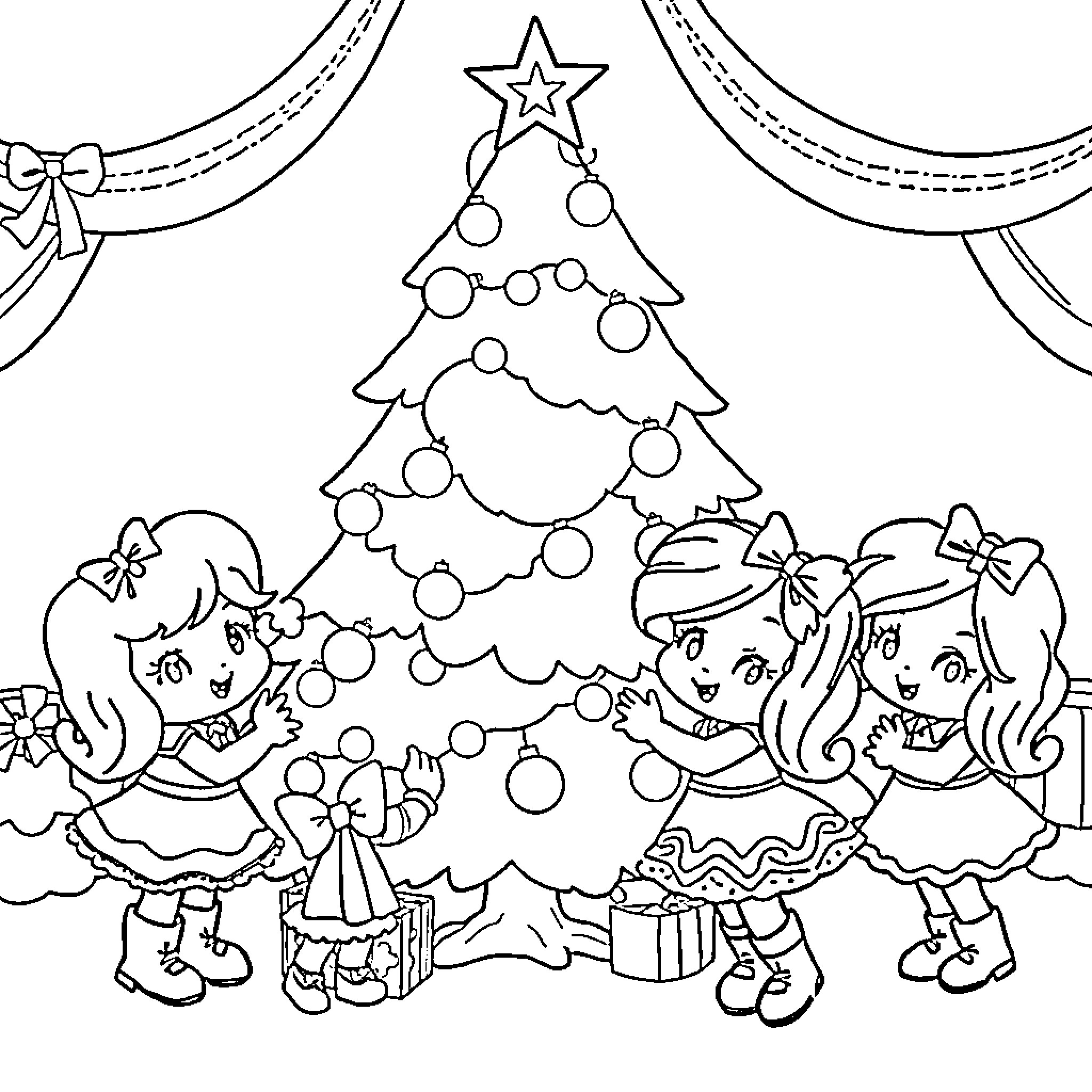 Strawberry Shortcake children decorating the Christmas tree Coloring Page (free black-and-white line drawing printable PDF for all, from beginners to advanced learners, including children, teens, adults, and seniors)