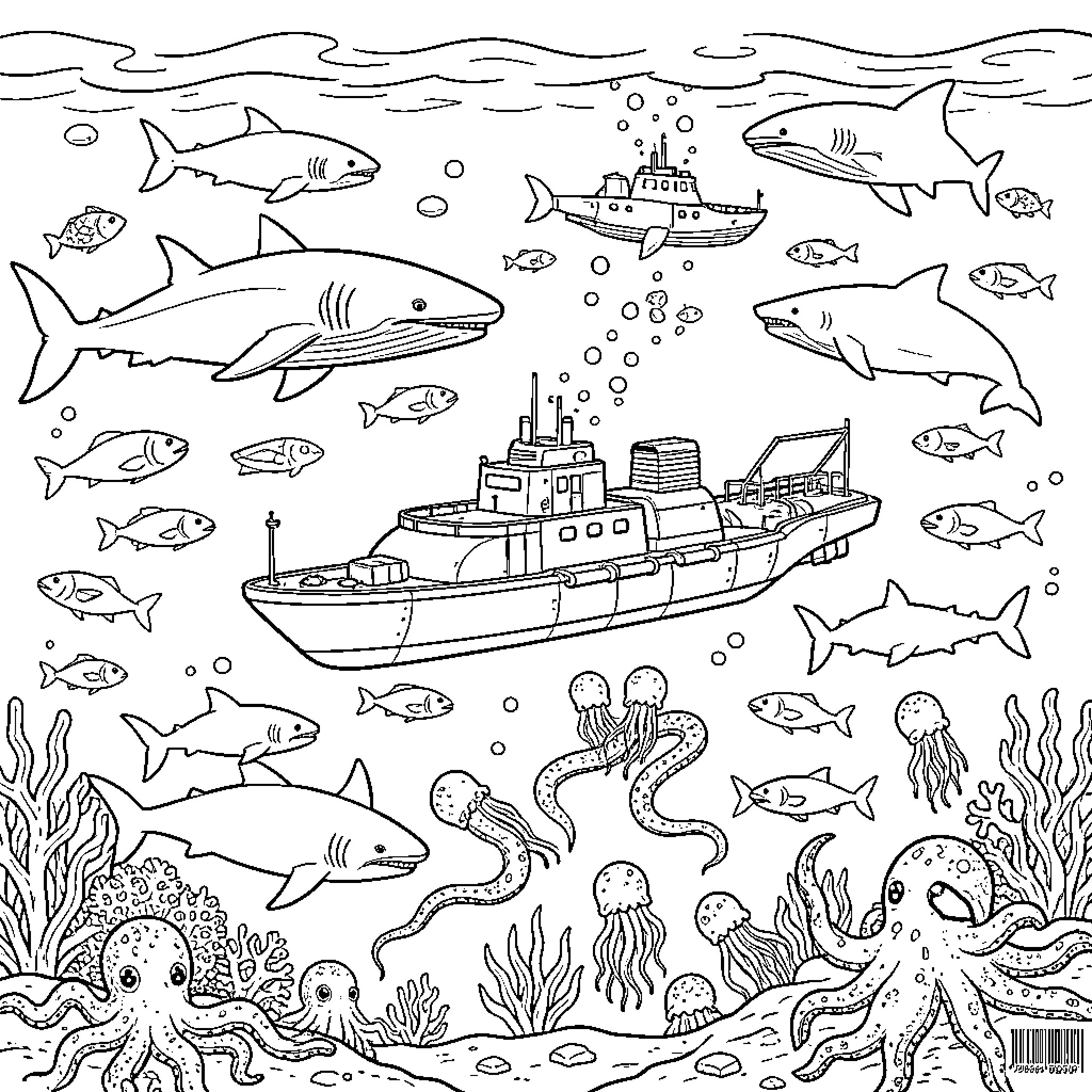 Submarine navigating through a crowd of sharks and sea life Coloring Page (free black-and-white line drawing printable PDF for all, from beginners to advanced learners, including children, teens, adults, and seniors)