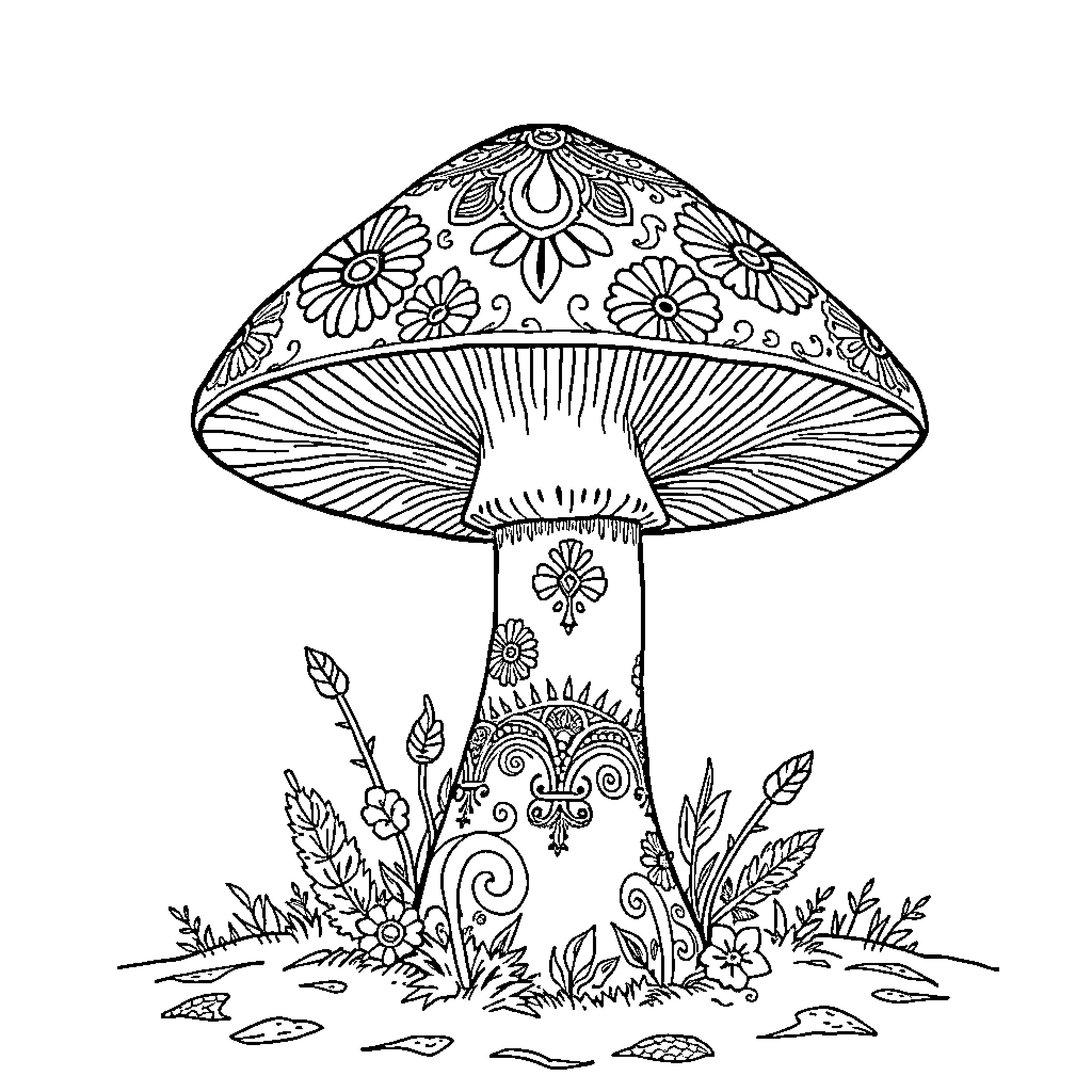 Mushroom with intricate floral designs Coloring Page (free black-and-white line drawing printable PDF for all, from beginners to advanced learners, including children, teens, adults, and seniors)
