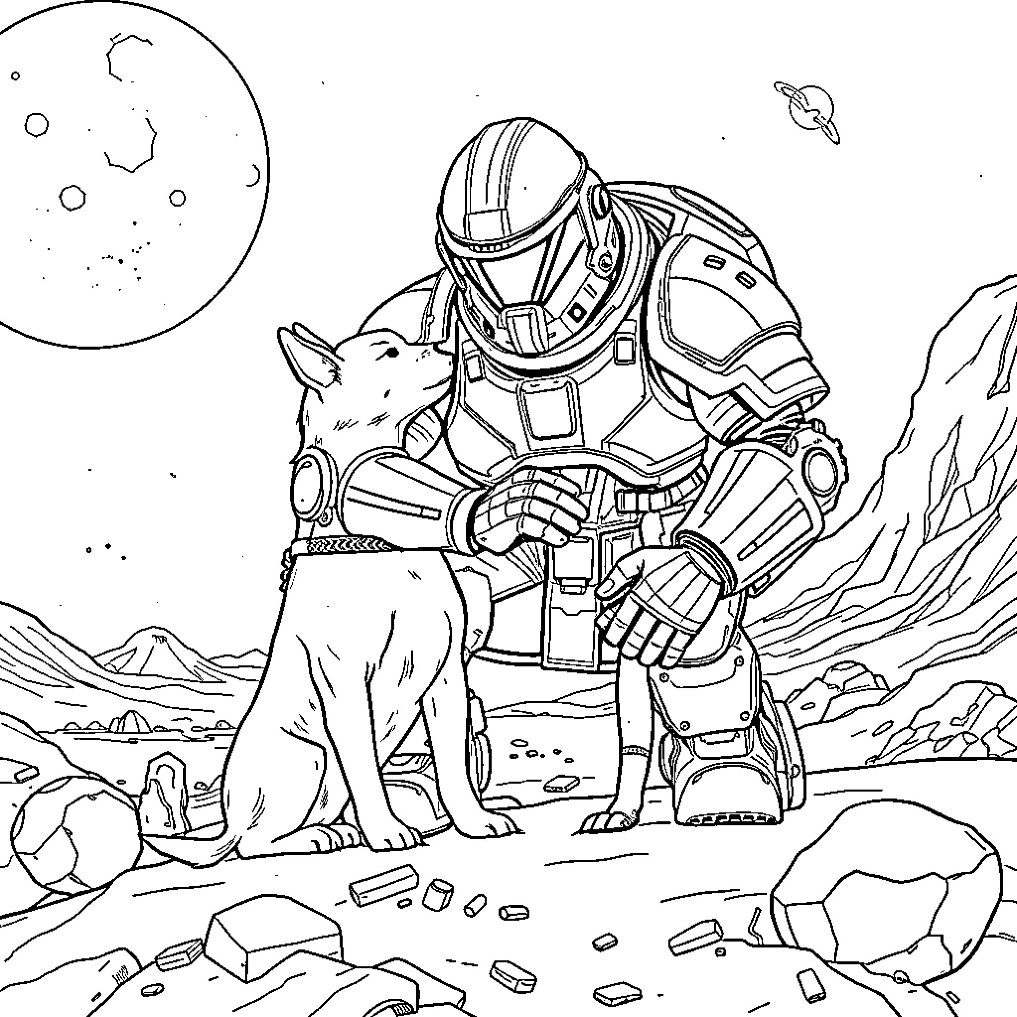 Space Marine exploring an alien planet with companion Coloring Page (free black-and-white line drawing printable PDF for all, from beginners to advanced learners, including children, teens, adults, and seniors)