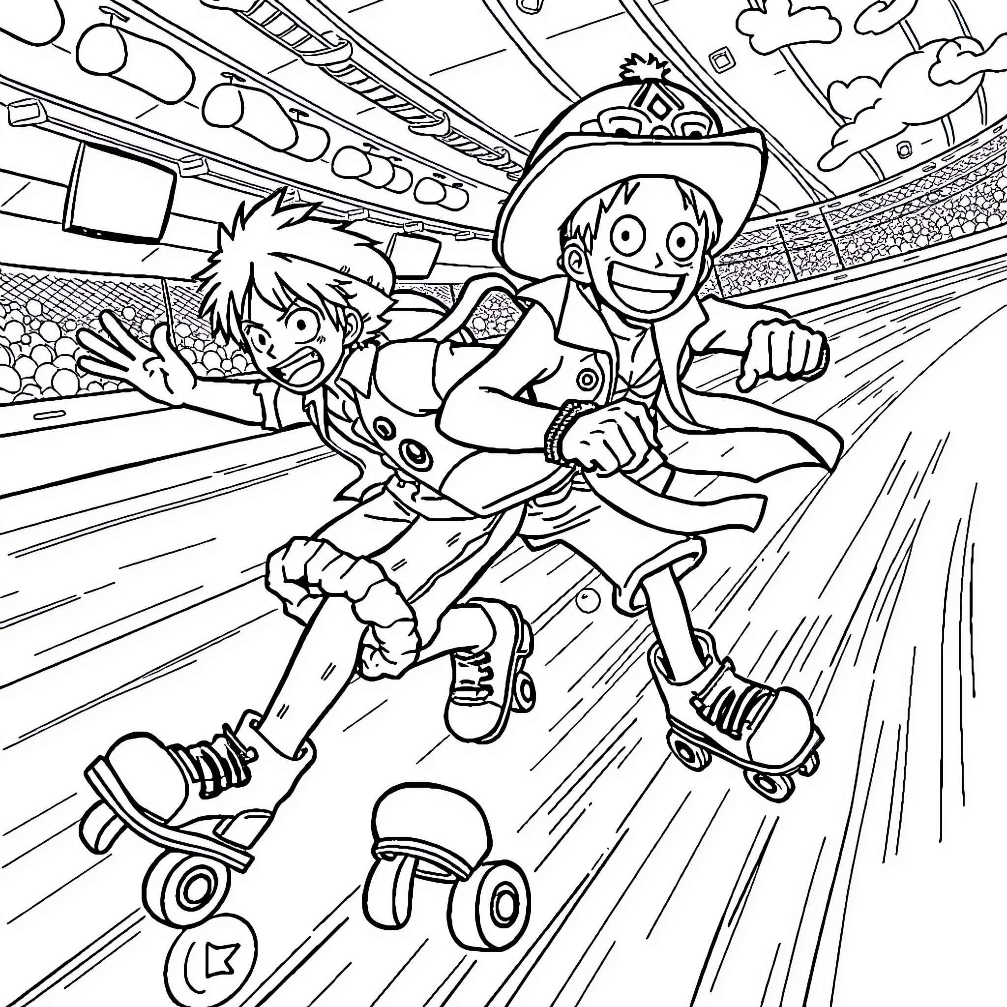 Luffy and Gomu Gomu No Rocket Skating in the Stadium Coloring Page (free black-and-white line drawing printable PDF for all, from beginners to advanced learners, including children, teens, adults, and seniors)