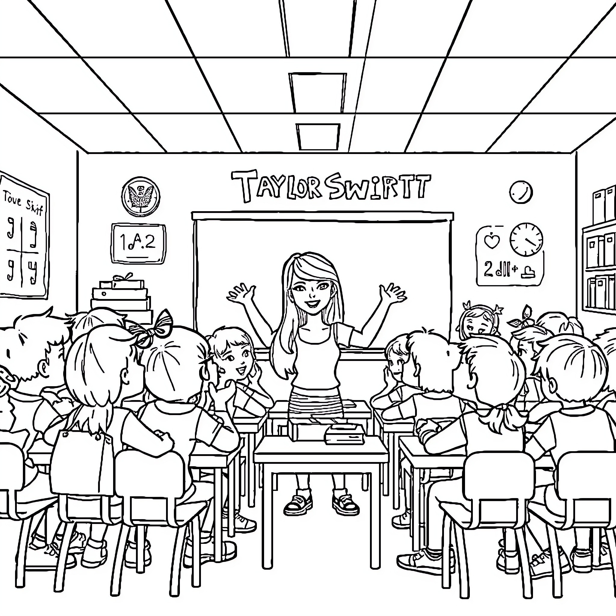 Taylor Swift Interacting with Students in Classroom Coloring Page (free black-and-white line drawing printable PDF for all, from beginners to advanced learners, including children, teens, adults, and seniors)