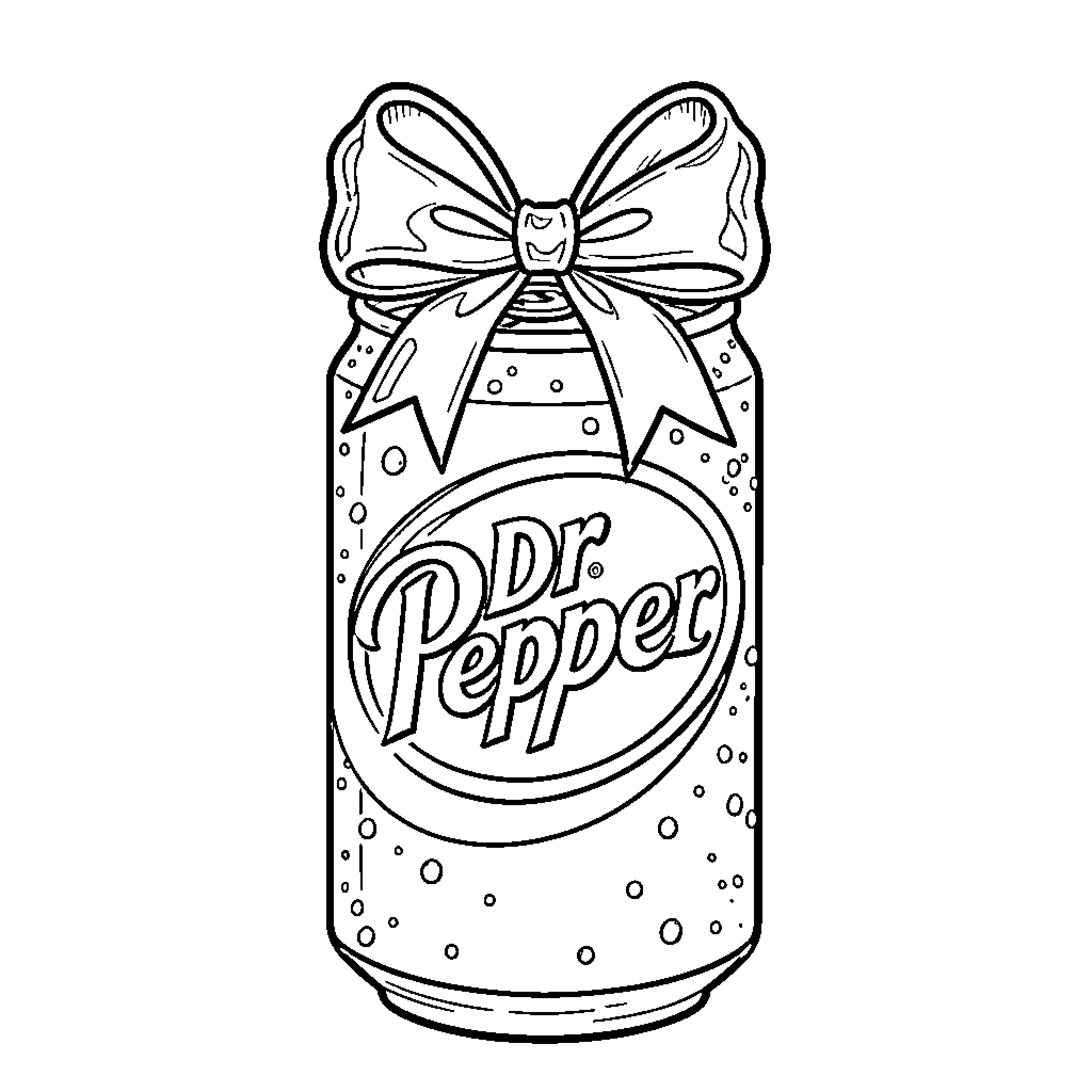 Dr Pepper soda can decorated with a large bow Coloring Page (free black-and-white line drawing printable PDF for all, from beginners to advanced learners, including children, teens, adults, and seniors)