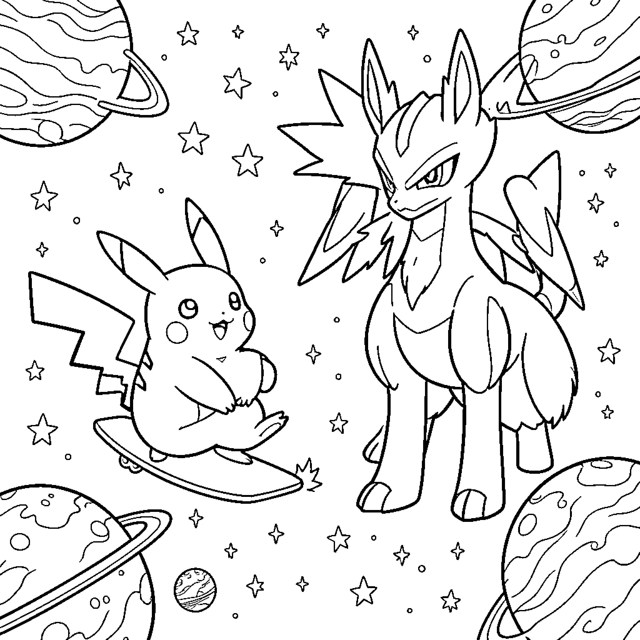 Pikachu and Zeraora in Cosmic Adventure Coloring Page (free black-and-white line drawing printable PDF for all, from beginners to advanced learners, including children, teens, adults, and seniors)