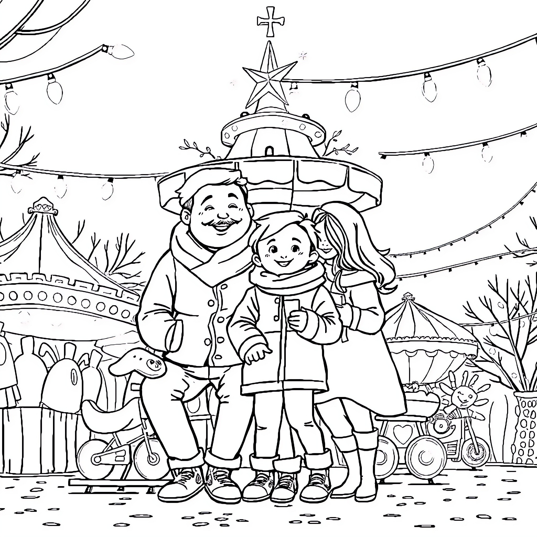 Family celebrating joyful winter carnival Coloring Page (free black-and-white line drawing printable PDF for all, from beginners to advanced learners, including children, teens, adults, and seniors)