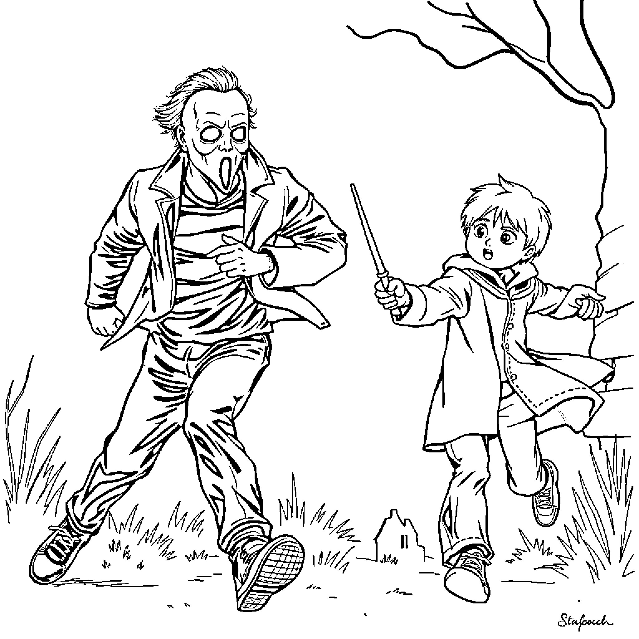 Michael Myers Chasing Young Boy in Spooky Forest Coloring Page (free black-and-white line drawing printable PDF for all, from beginners to advanced learners, including children, teens, adults, and seniors)