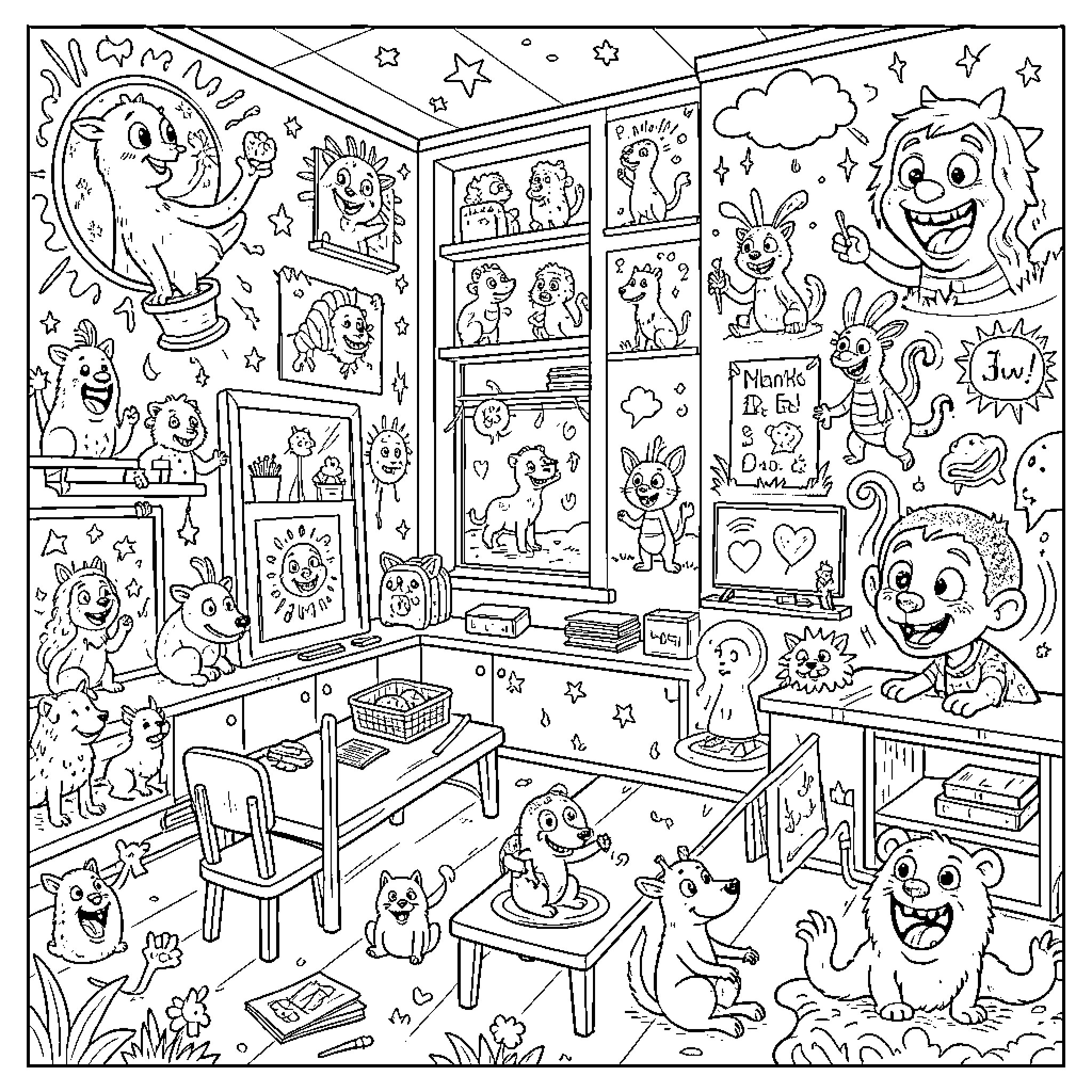 Imagination Comes Alive in a Whimsical Play Space Coloring Page (free black-and-white line drawing printable PDF for all, from beginners to advanced learners, including children, teens, adults, and seniors)