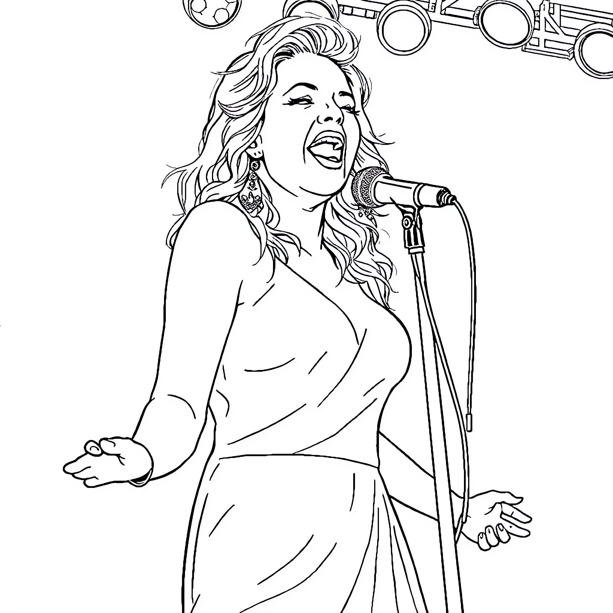 Madonna performing on stage Coloring Page (free black-and-white line drawing printable PDF for all, from beginners to advanced learners, including children, teens, adults, and seniors)