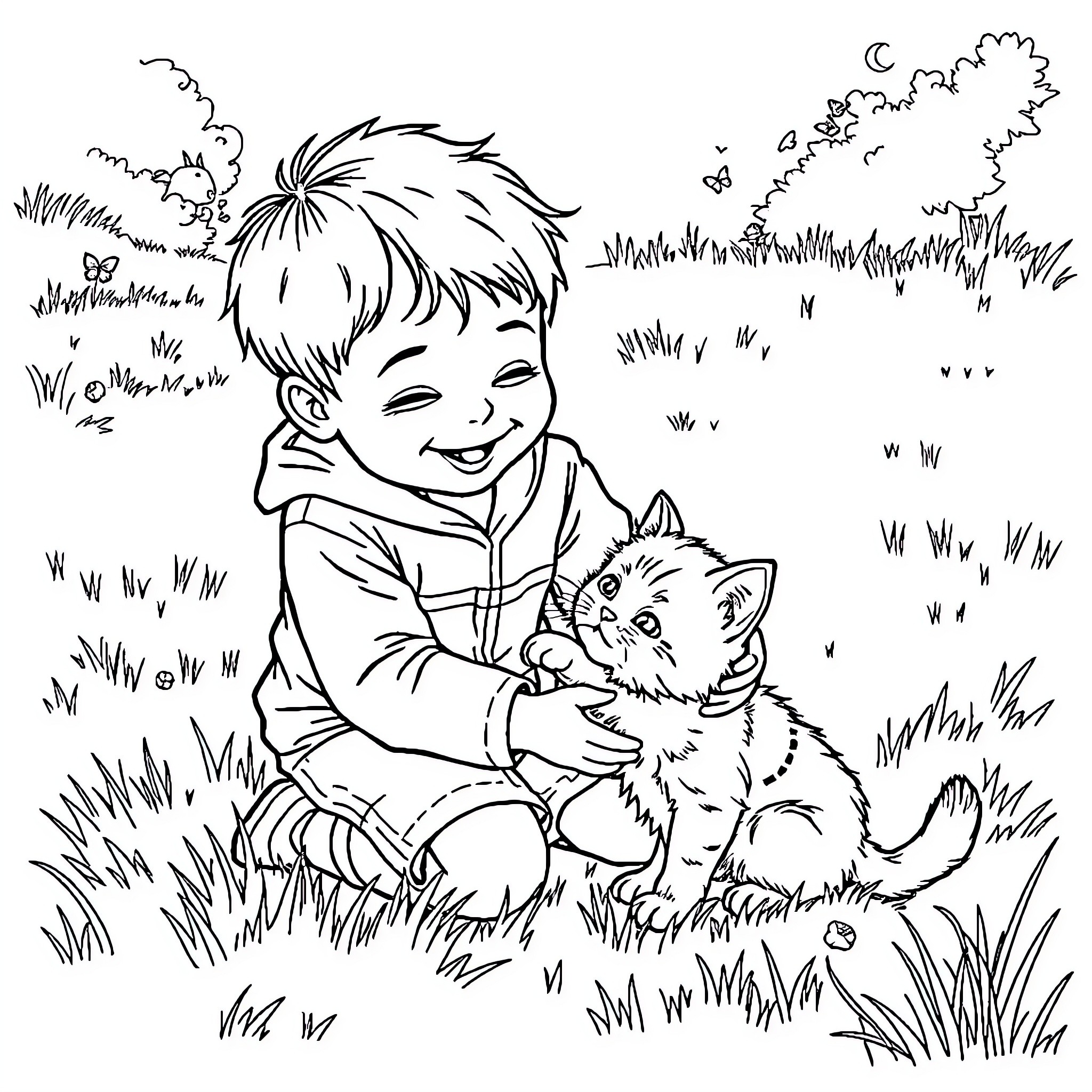 Boy playing happily with a kitten in the grass Coloring Page (free black-and-white line drawing printable PDF for all, from beginners to advanced learners, including children, teens, adults, and seniors)