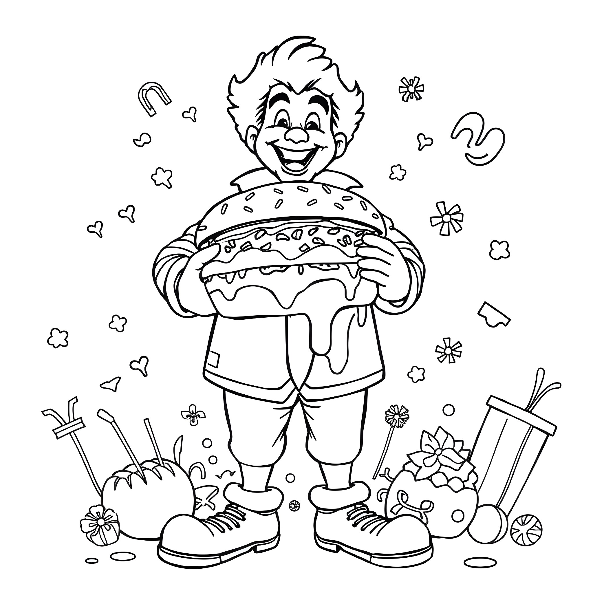 Ronald McDonald enjoying a giant hamburger Coloring Page (free black-and-white line drawing printable PDF for all, from beginners to advanced learners, including children, teens, adults, and seniors)