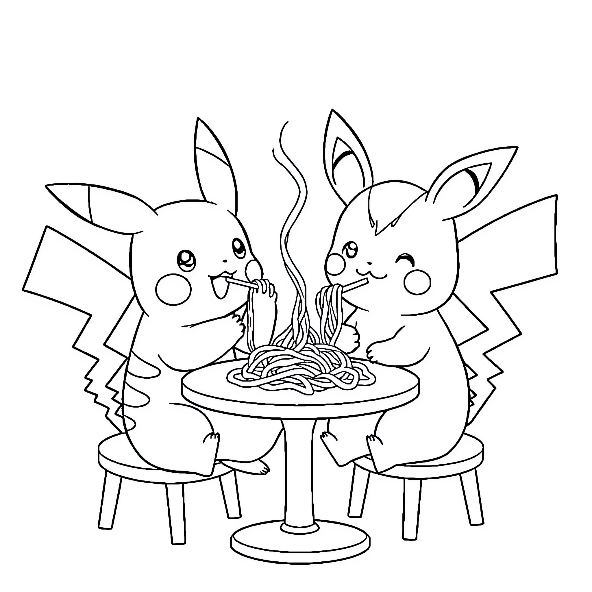 Pikachu and friends enjoying a spaghetti dinner Coloring Page (free black-and-white line drawing printable PDF for all, from beginners to advanced learners, including children, teens, adults, and seniors)