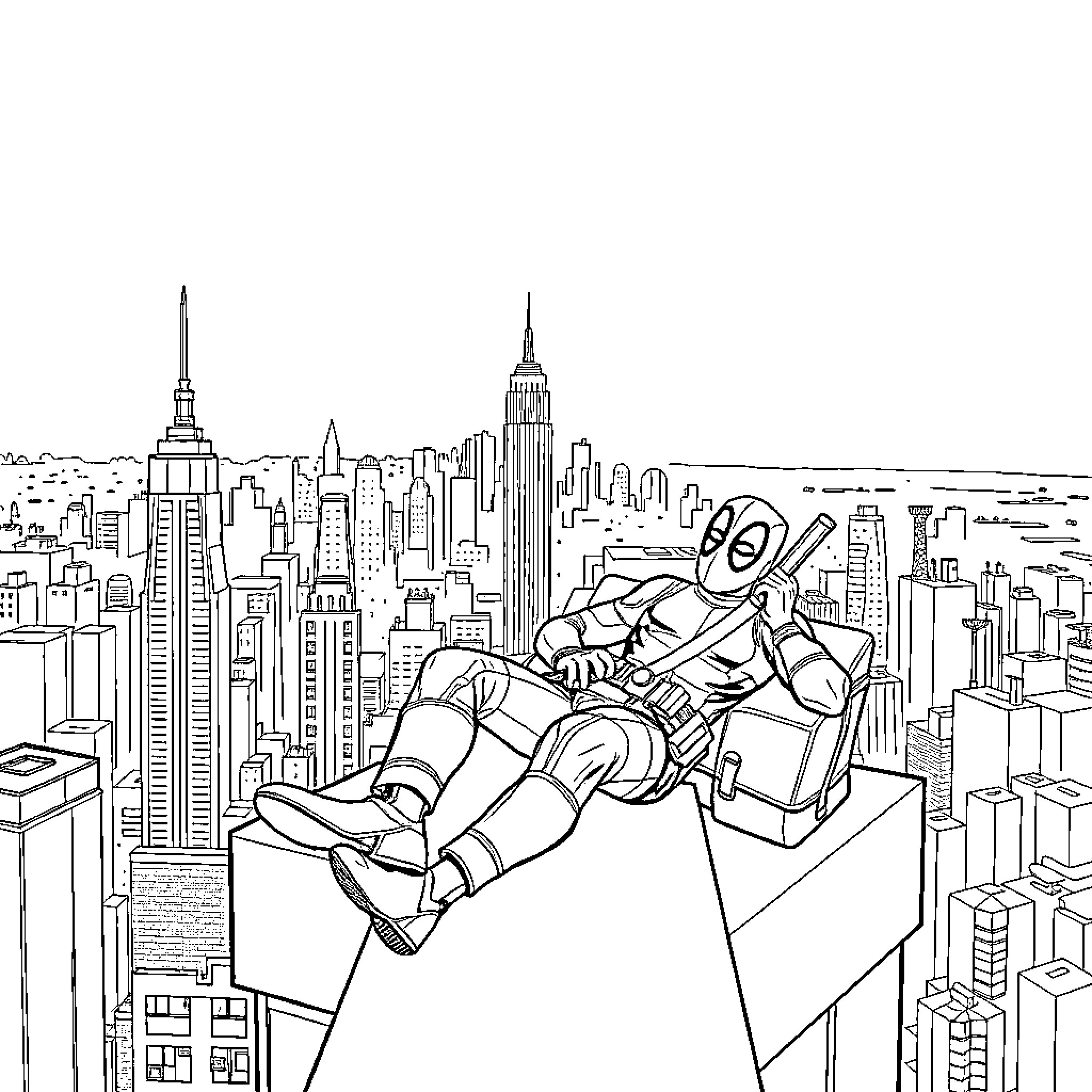 Deadpool lounging atop New York City skyscrapers Coloring Page (free black-and-white line drawing printable PDF for all, from beginners to advanced learners, including children, teens, adults, and seniors)