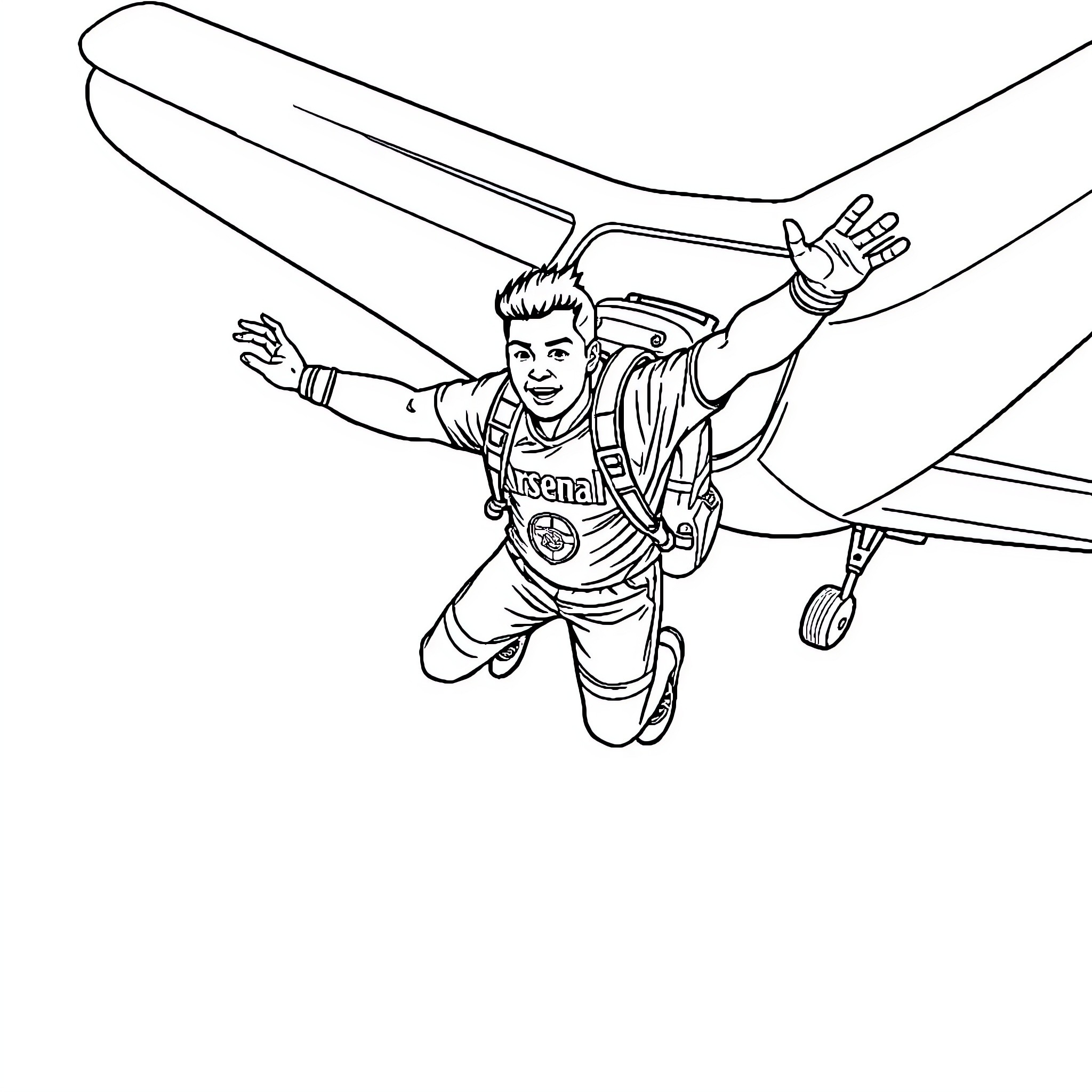 Arsenal Player skydiving with excitement Coloring Page (free black-and-white line drawing printable PDF for all, from beginners to advanced learners, including children, teens, adults, and seniors)