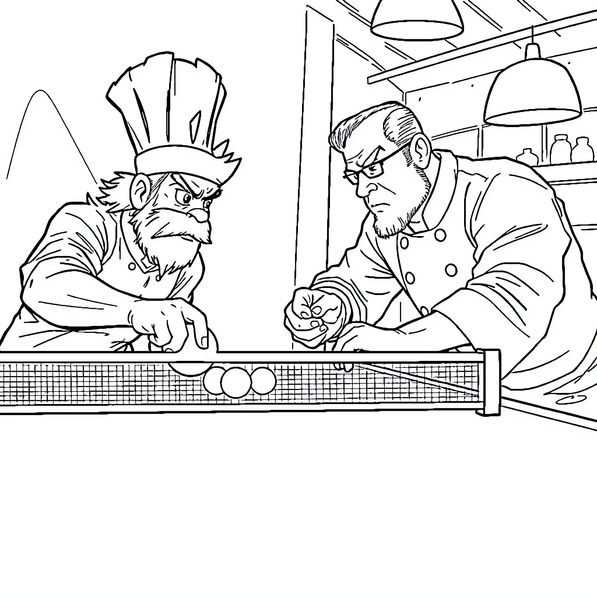 Macus Fenix playing table tennis with an opponent Coloring Page (free black-and-white line drawing printable PDF for all, from beginners to advanced learners, including children, teens, adults, and seniors)