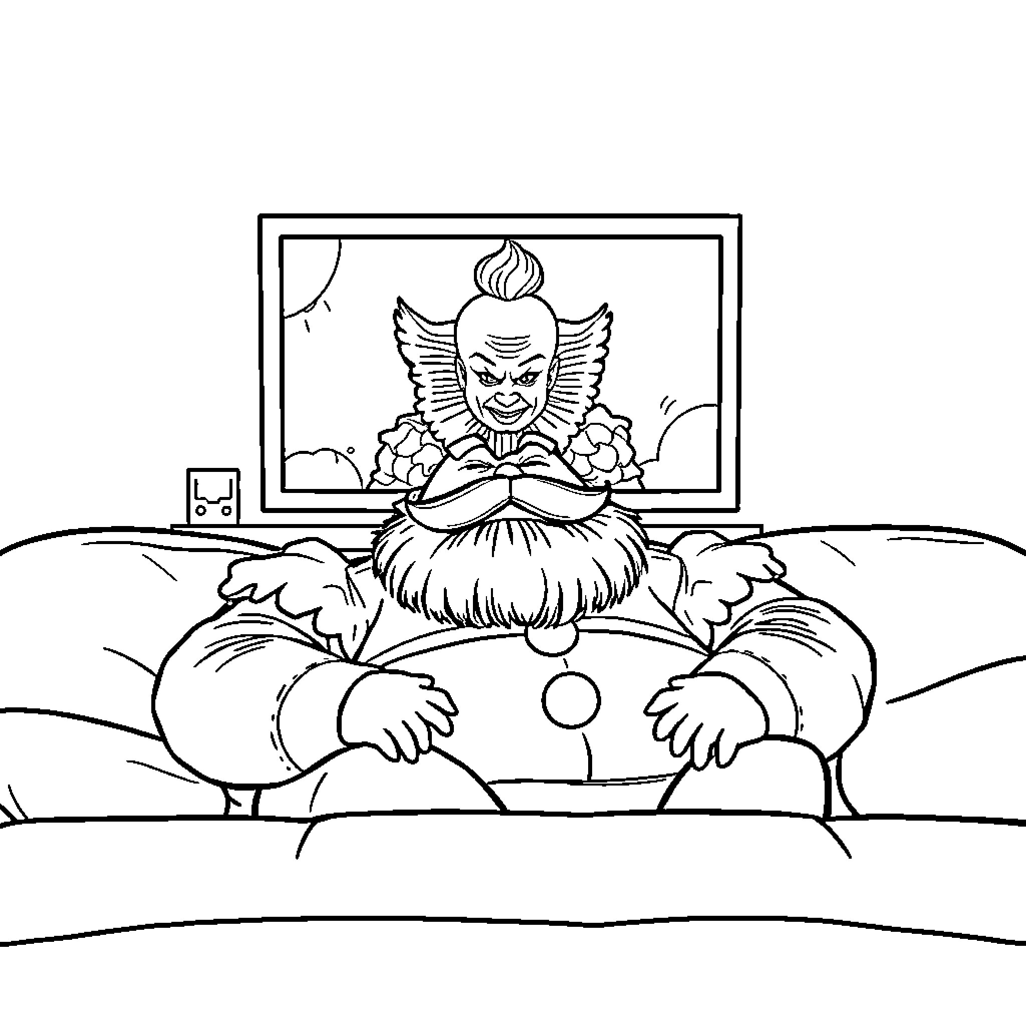 Man watching clown on TV in living room Coloring Page (free black-and-white line drawing printable PDF for all, from beginners to advanced learners, including children, teens, adults, and seniors)