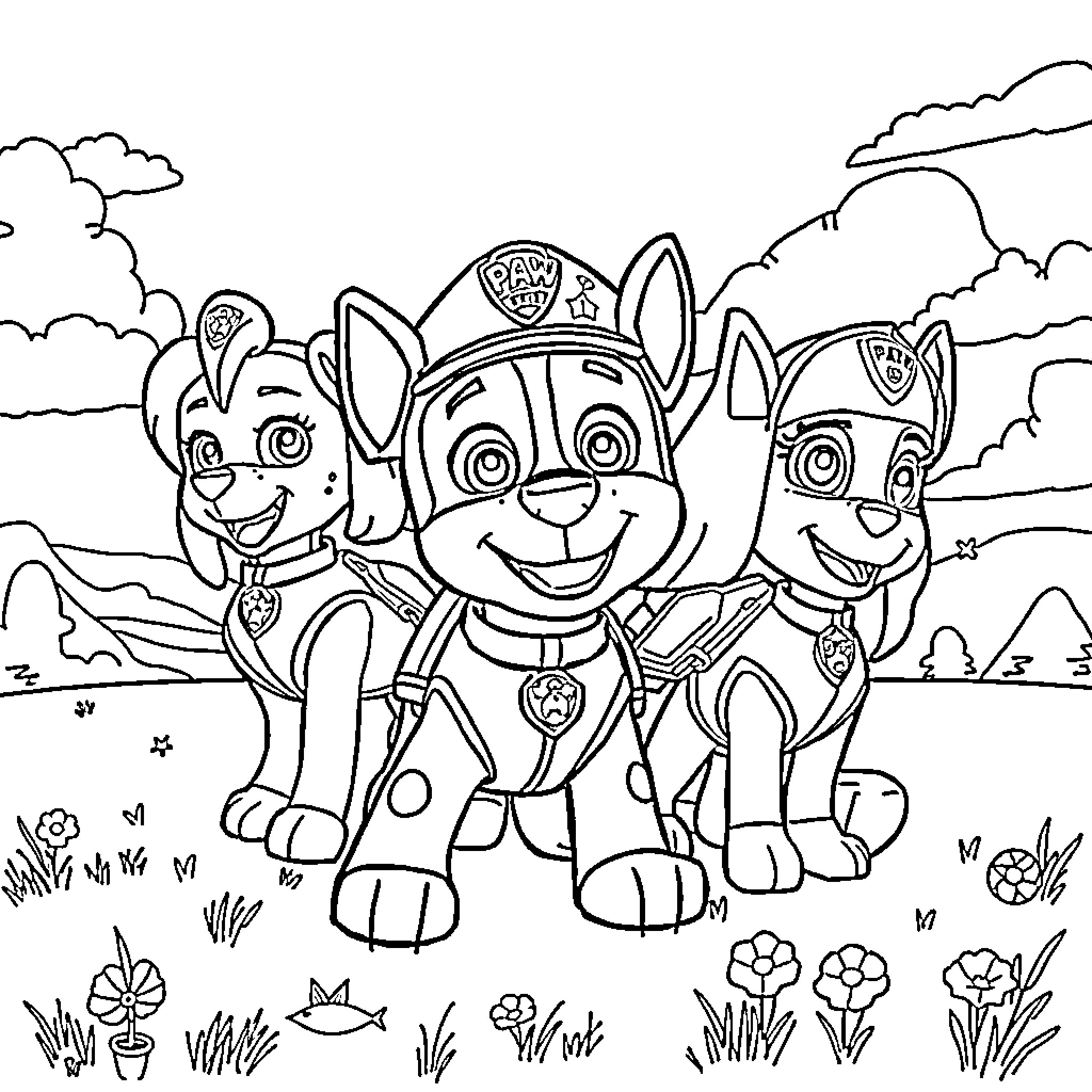 Marshall and his Paw Patrol friends on an adventure Coloring Page (free black-and-white line drawing printable PDF for all, from beginners to advanced learners, including children, teens, adults, and seniors)