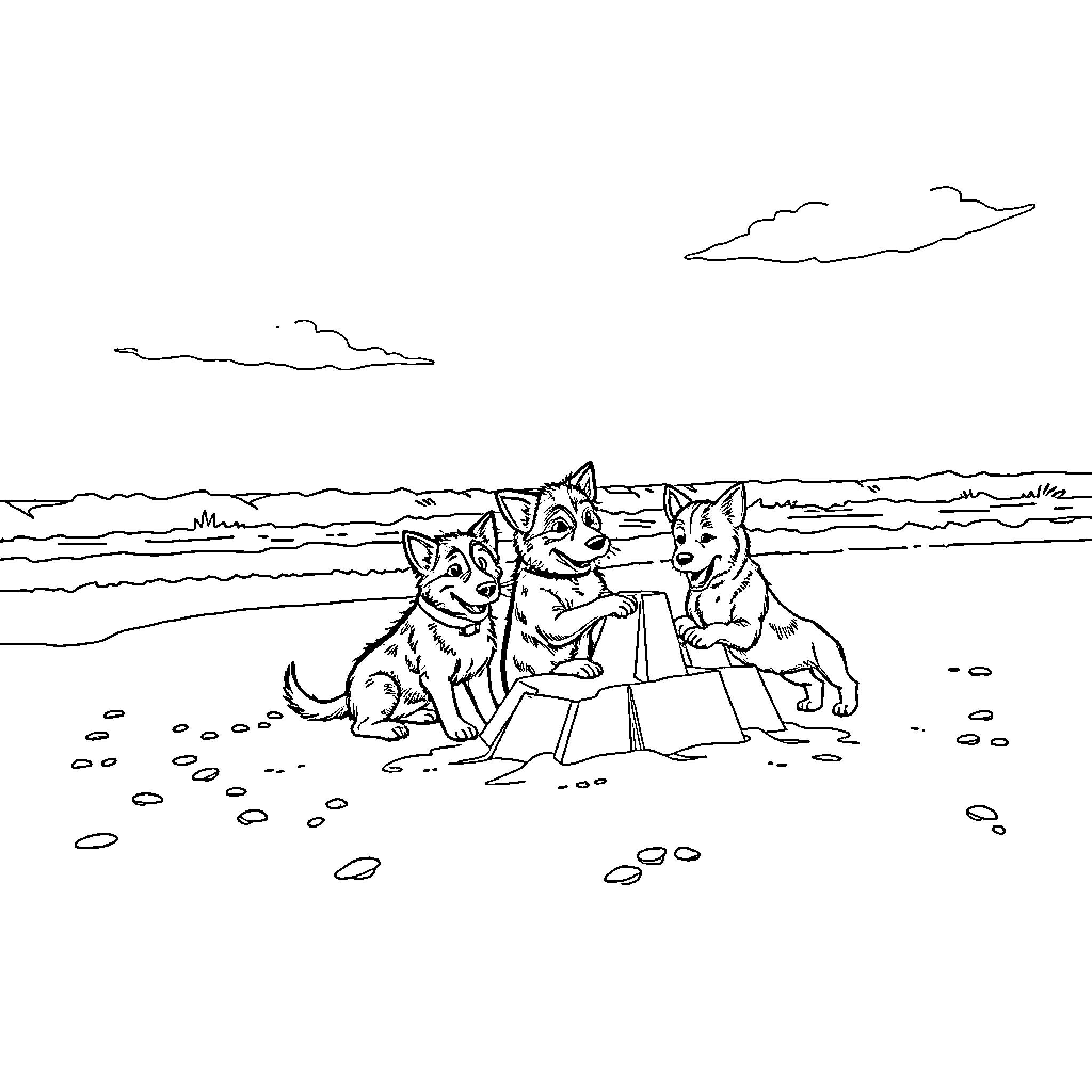 Paw Patrol on Beach Adventure Coloring Page (free black-and-white line drawing printable PDF for all, from beginners to advanced learners, including children, teens, adults, and seniors)