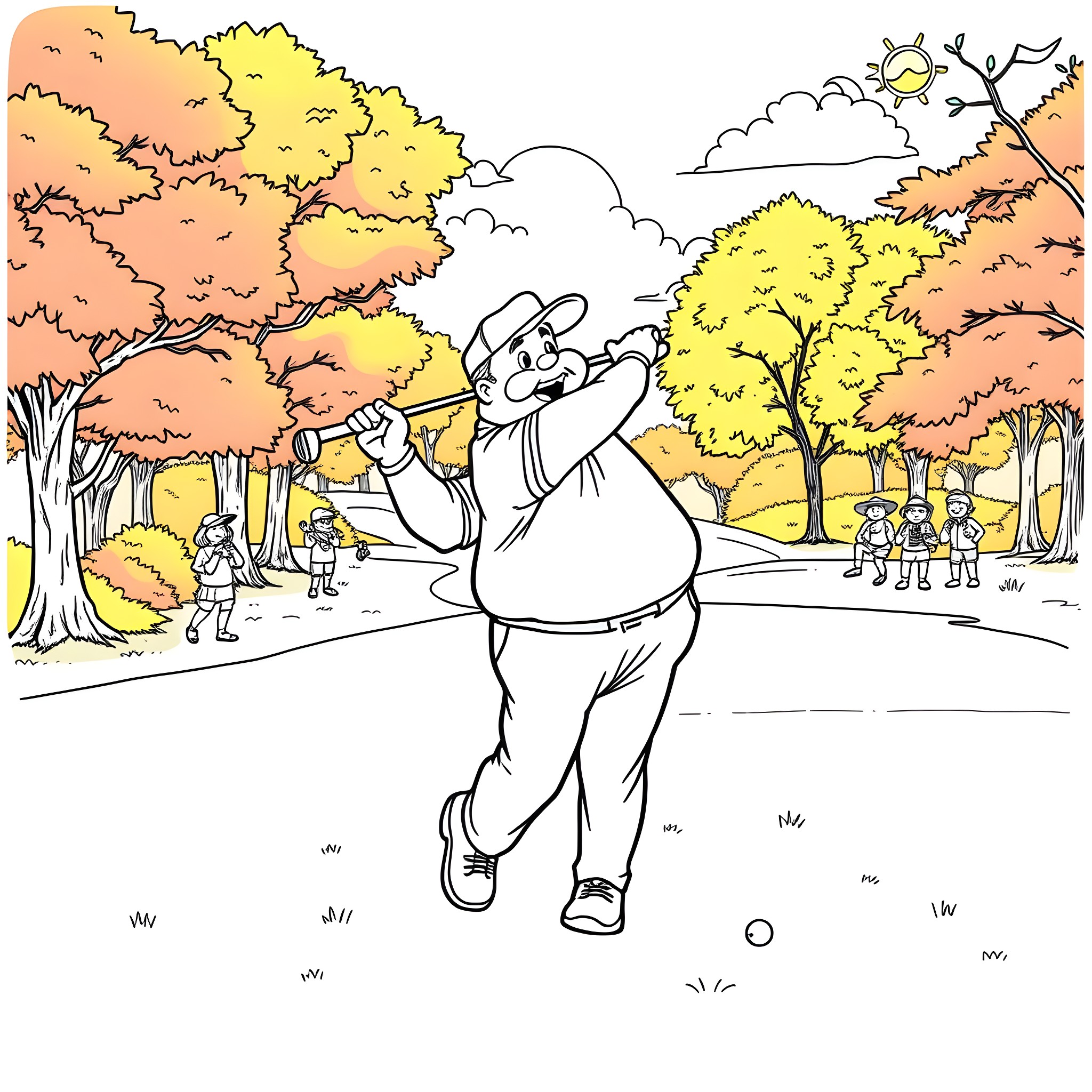 Fat Albert Enjoying Autumn Outdoors with Friends Coloring Page (free black-and-white line drawing printable PDF for all, from beginners to advanced learners, including children, teens, adults, and seniors)