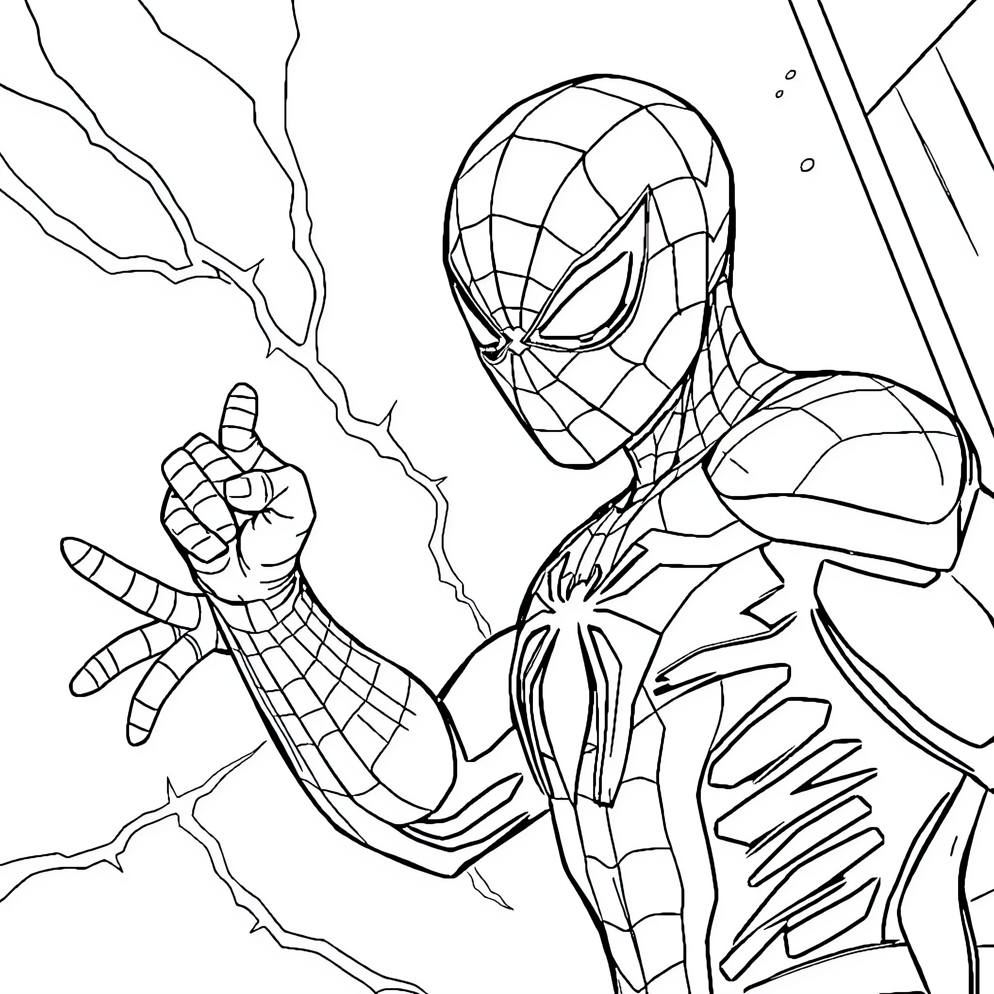 Spider-Man battling against adversaries in action Coloring Page (free black-and-white line drawing printable PDF for all, from beginners to advanced learners, including children, teens, adults, and seniors)