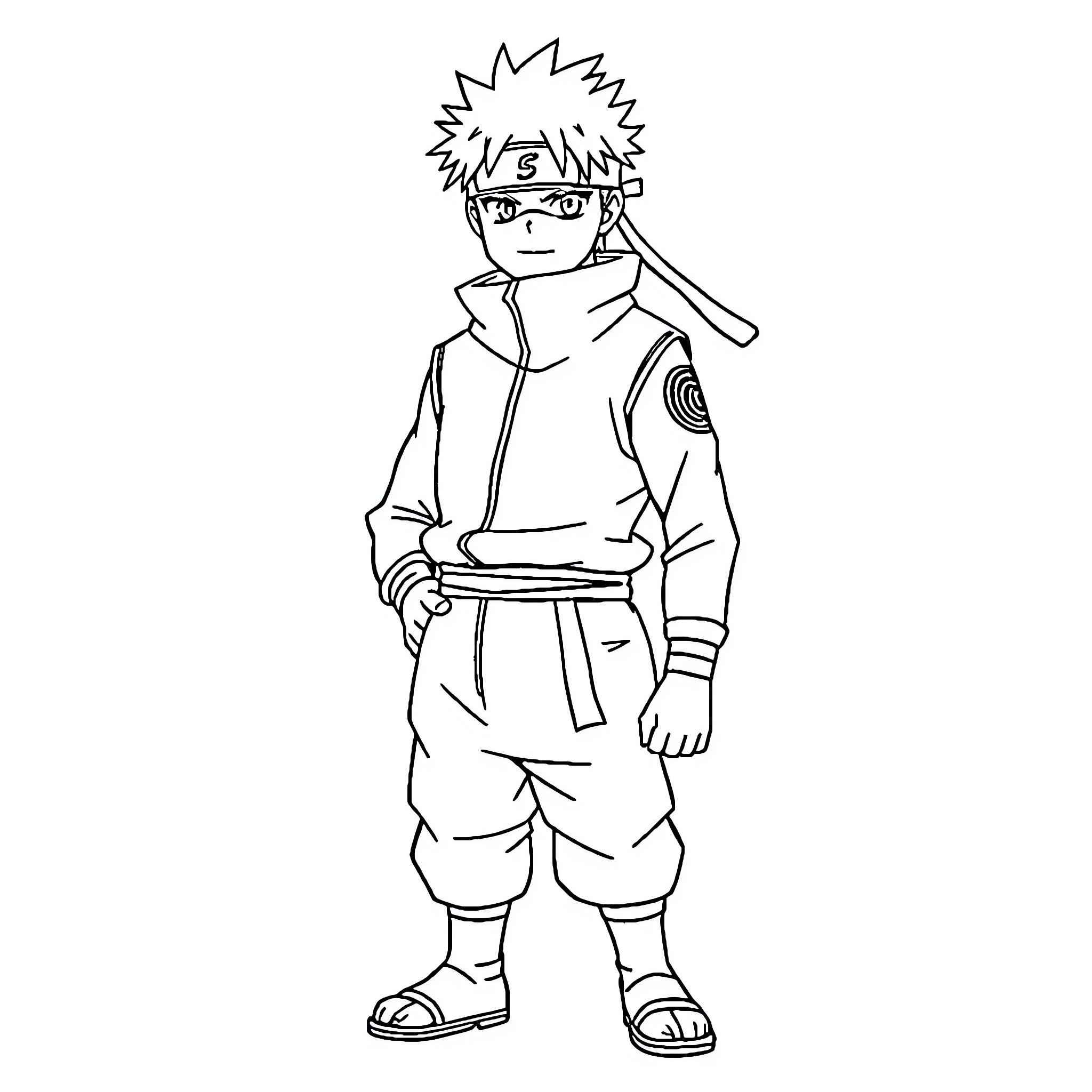 Minato in Ninja Attire Carrying Equipment Coloring Page (free black-and-white line drawing printable PDF for all, from beginners to advanced learners, including children, teens, adults, and seniors)