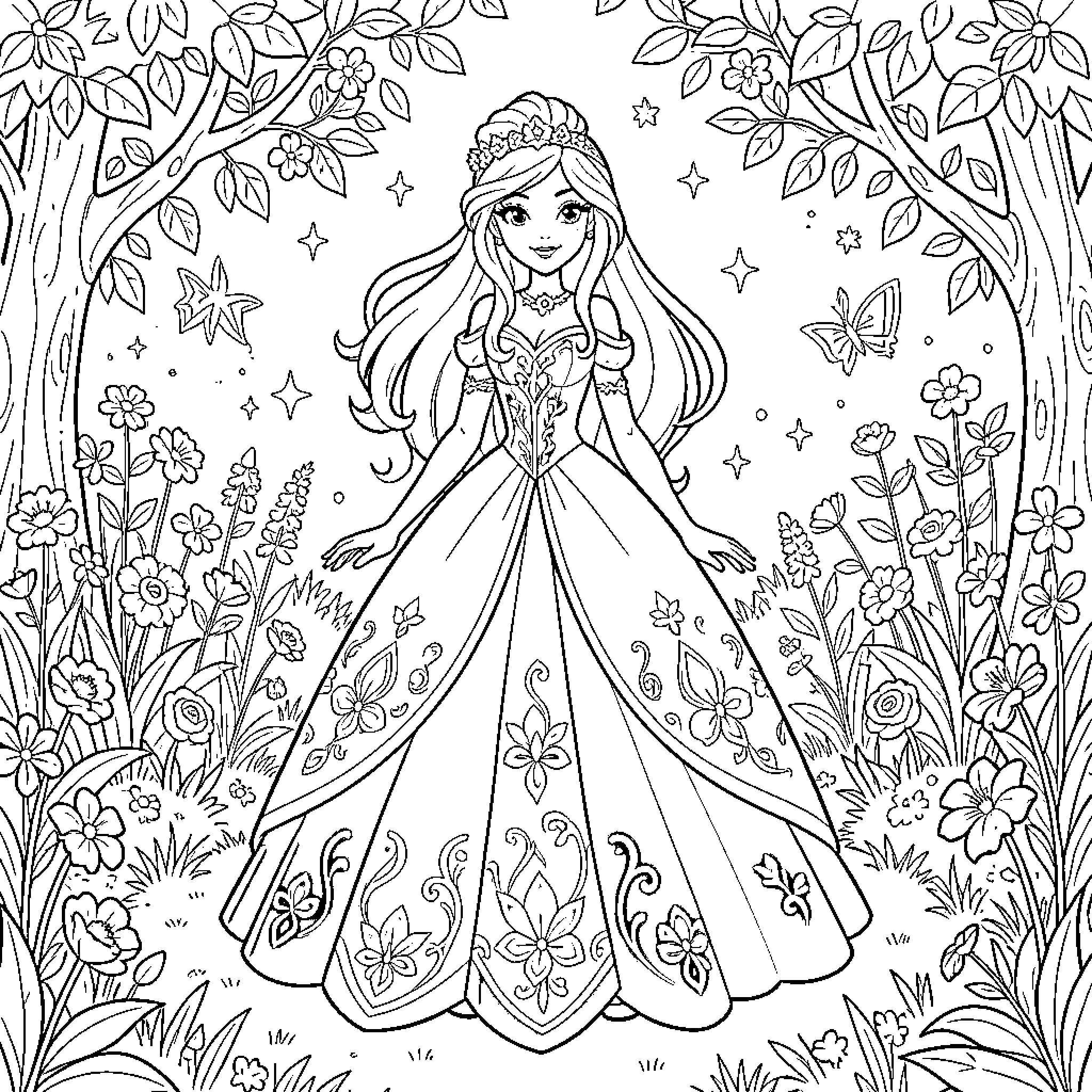 Fleura princess standing gracefully in a flower garden Coloring Page (free black-and-white line drawing printable PDF for all, from beginners to advanced learners, including children, teens, adults, and seniors)