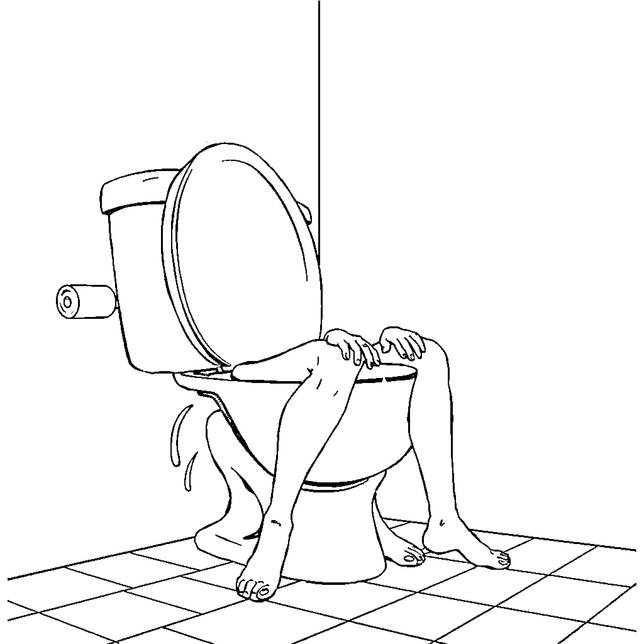 Toilet troubles: a figure in distress Coloring Page (free black-and-white line drawing printable PDF for all, from beginners to advanced learners, including children, teens, adults, and seniors)