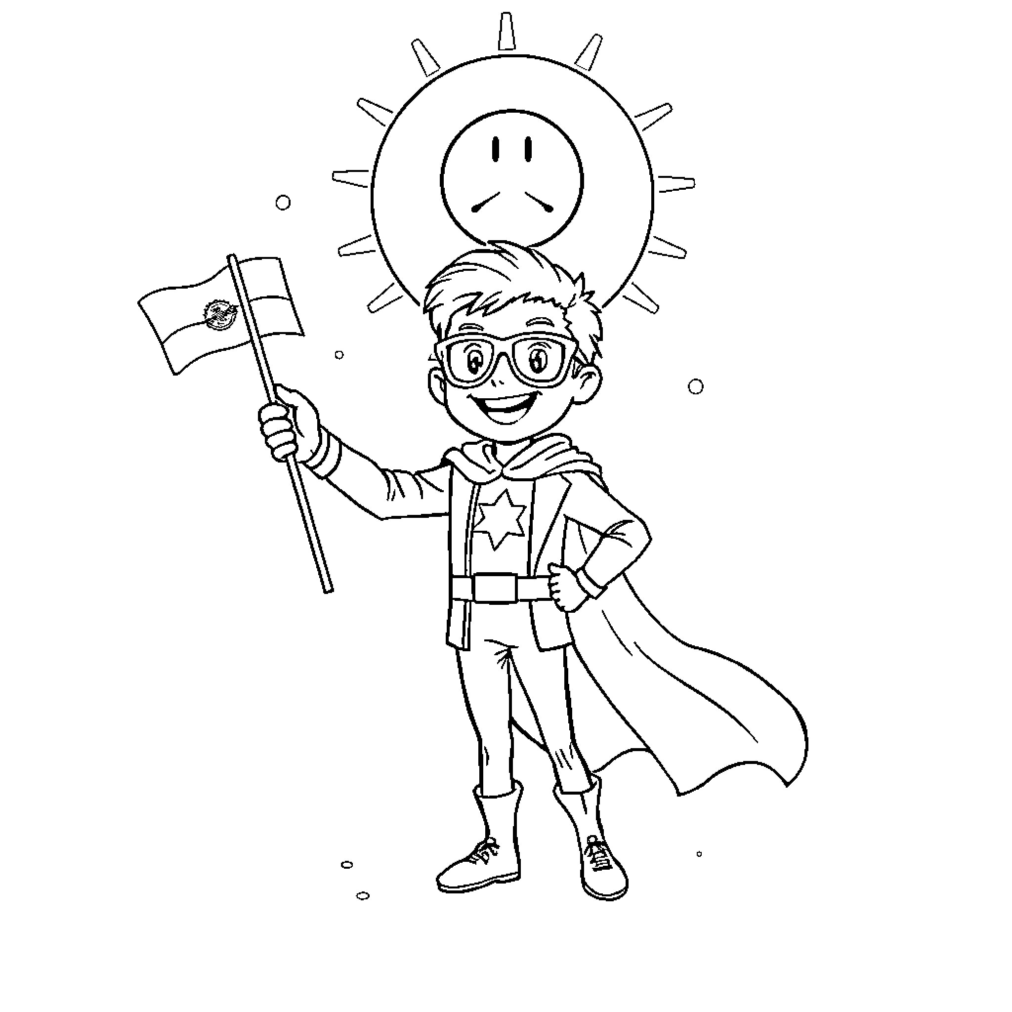 Superhero Boy with Flag and Shining Sun Coloring Page (free black-and-white line drawing printable PDF for all, from beginners to advanced learners, including children, teens, adults, and seniors)