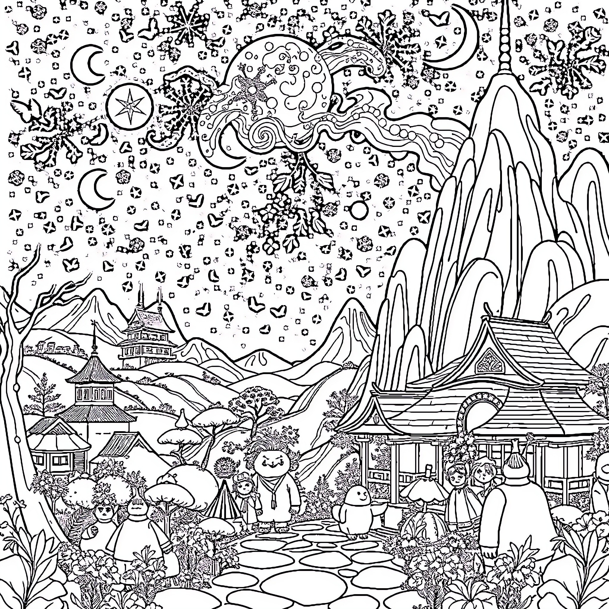 Ghibli Whimsical Wonderland: Enchanting Scenes and Characters Coloring Page (free black-and-white line drawing printable PDF for all, from beginners to advanced learners, including children, teens, adults, and seniors)